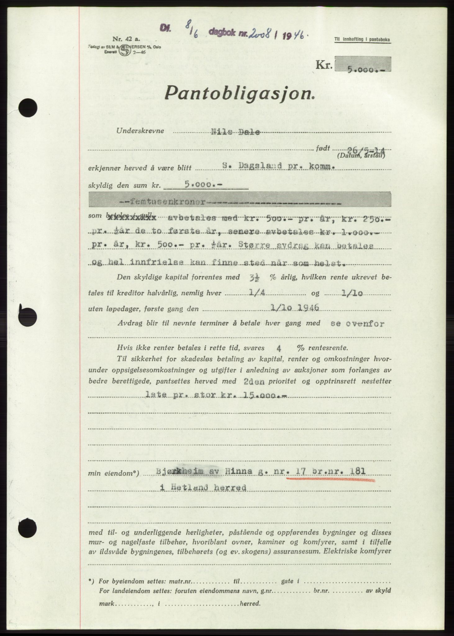 Jæren sorenskriveri, SAST/A-100310/03/G/Gba/L0090: Pantebok, 1946-1946, Dagboknr: 2008/1946
