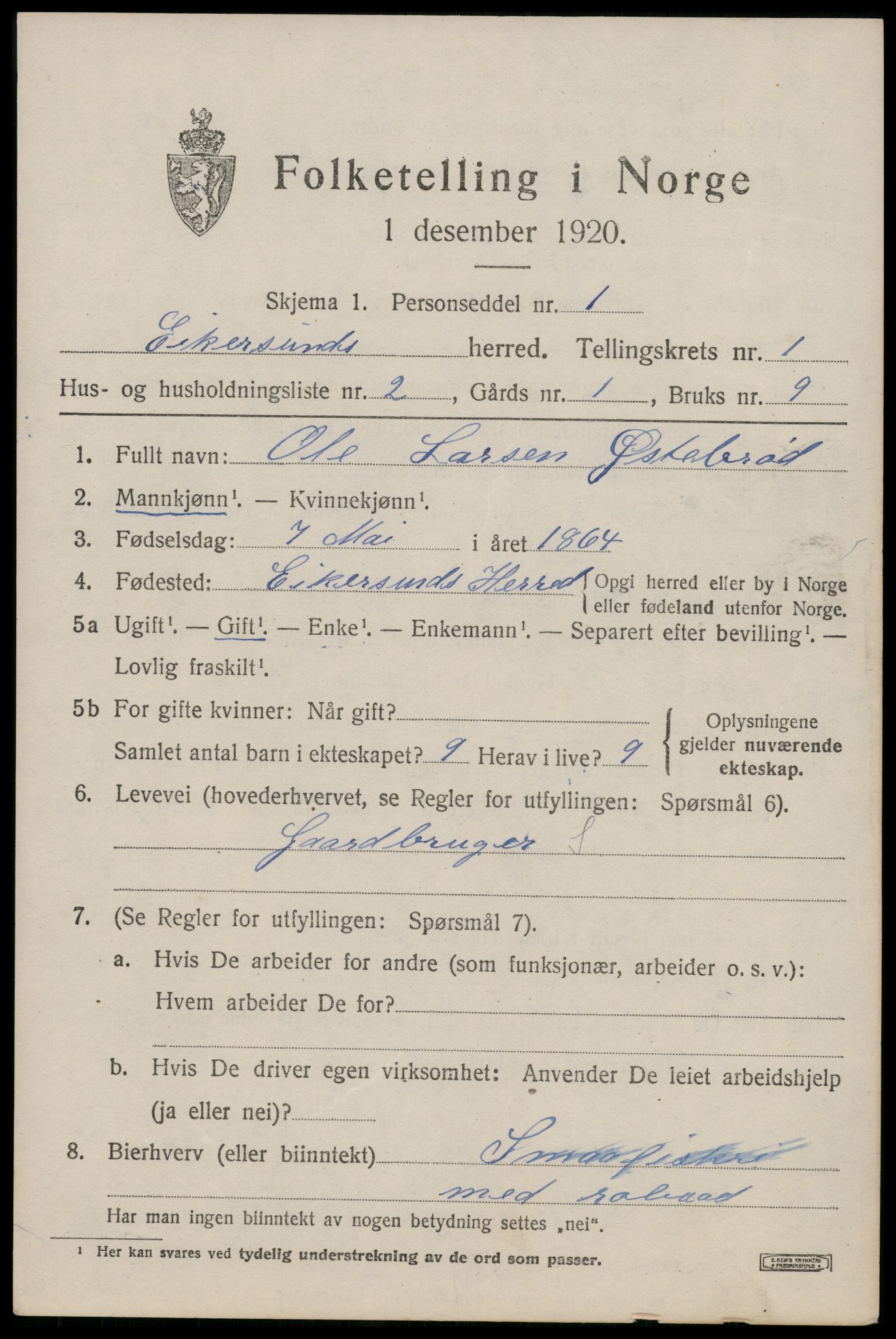 SAST, Folketelling 1920 for 1116 Eigersund herred, 1920, s. 1173