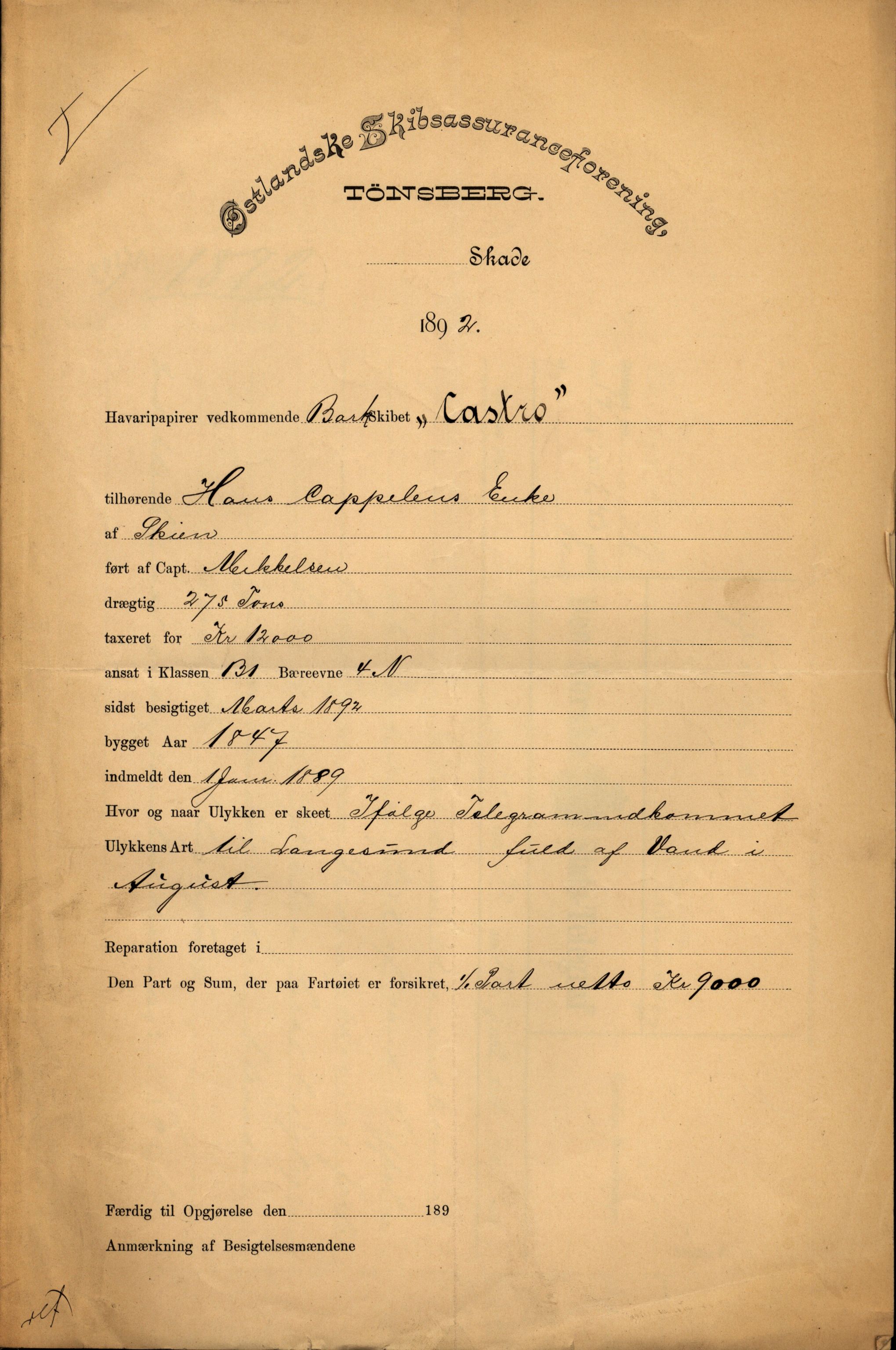 Pa 63 - Østlandske skibsassuranceforening, VEMU/A-1079/G/Ga/L0029/0002: Havaridokumenter / Johanne, Ocean, Capella, Columbus, Castro, 1892, s. 46