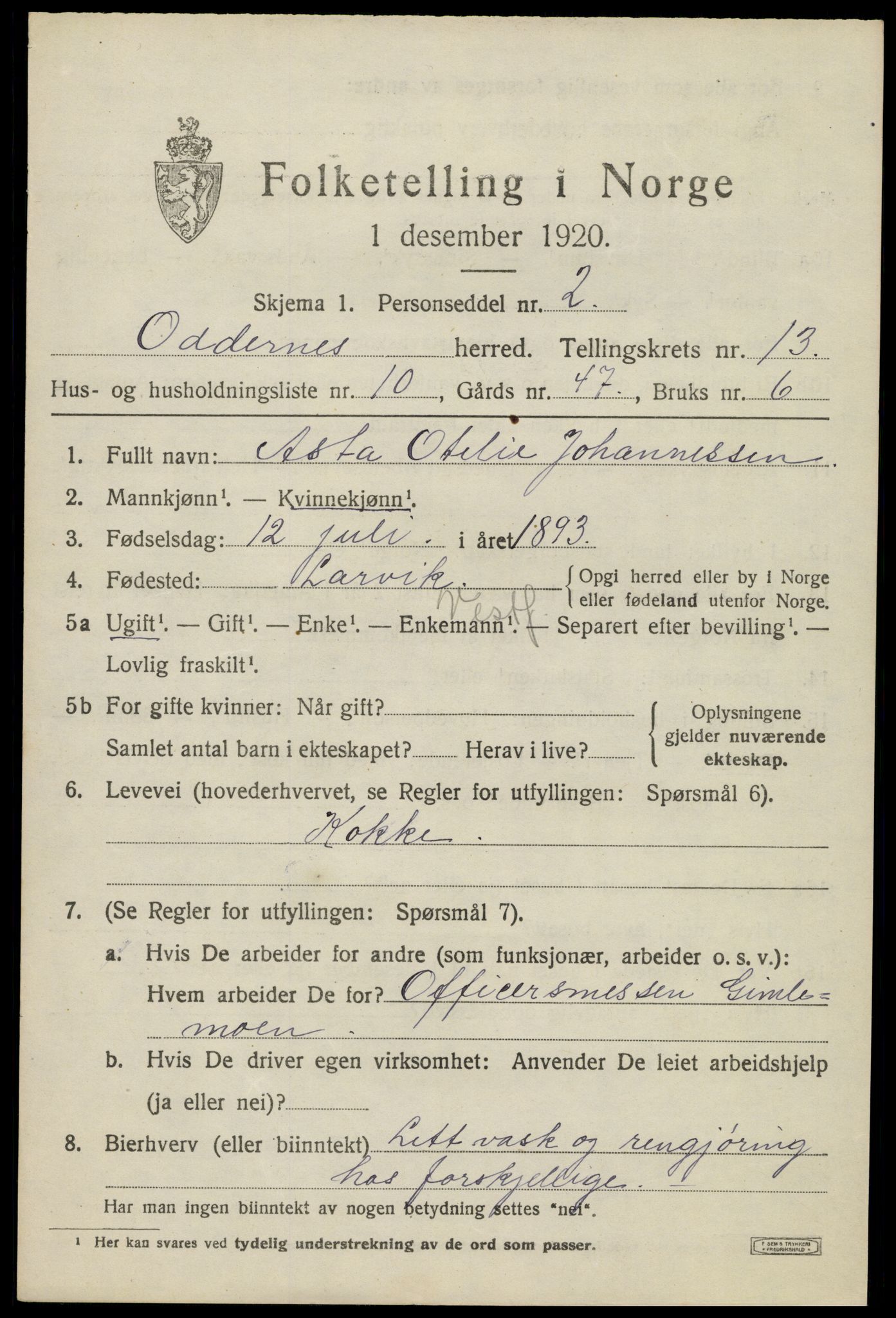SAK, Folketelling 1920 for 1012 Oddernes herred, 1920, s. 8019