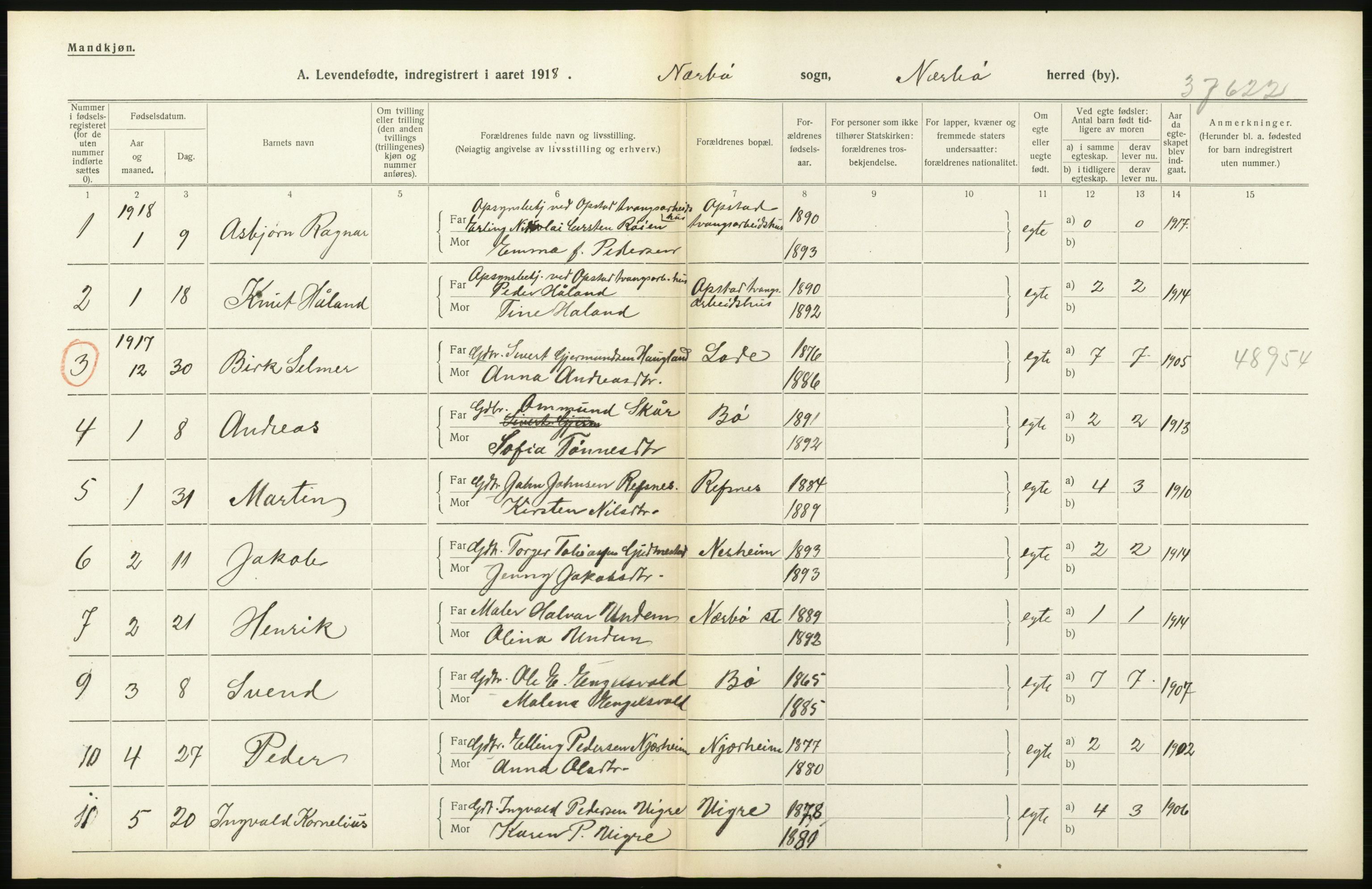 Statistisk sentralbyrå, Sosiodemografiske emner, Befolkning, RA/S-2228/D/Df/Dfb/Dfbh/L0031: Rogaland fylke: Levendefødte menn og kvinner. Bygder., 1918