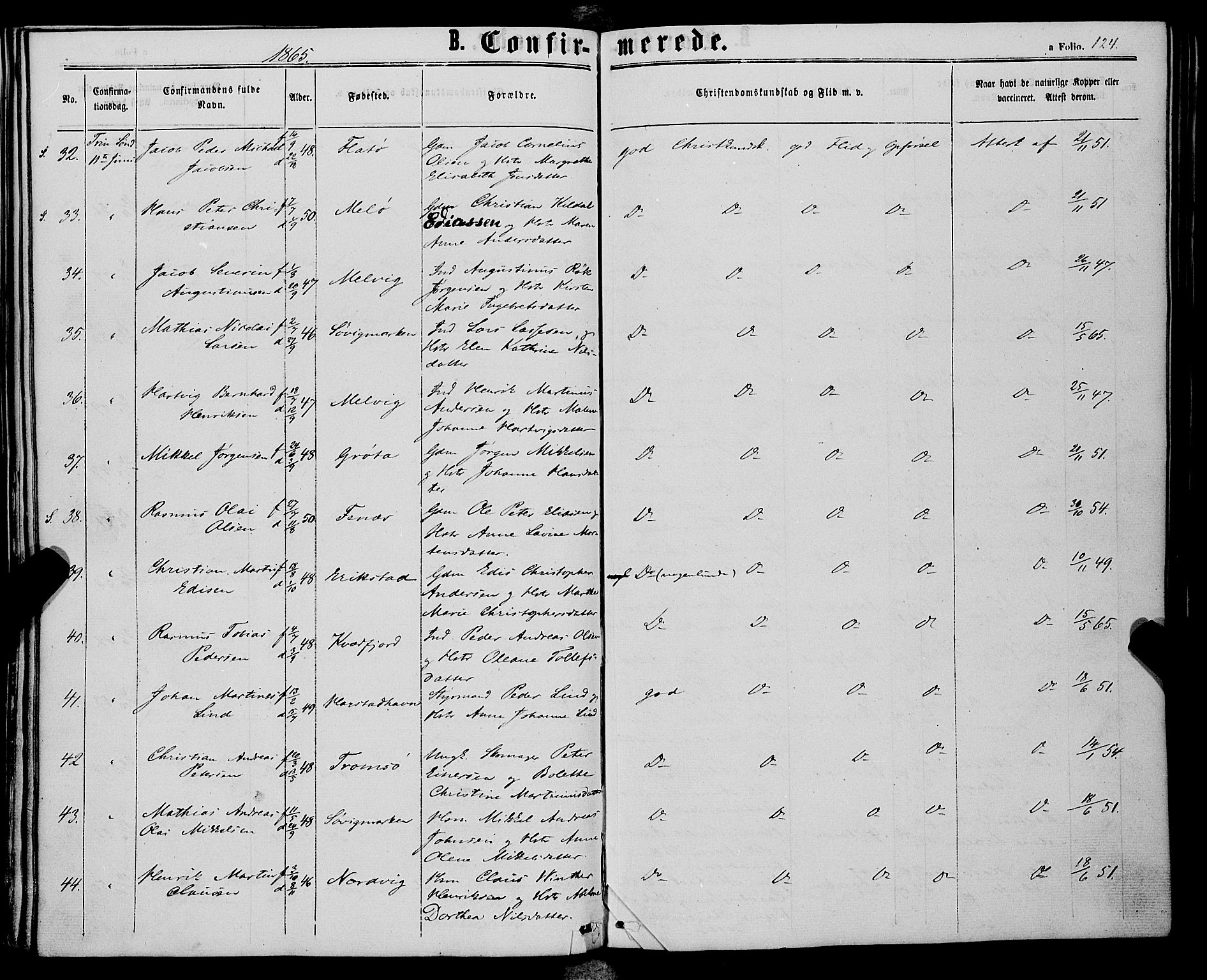 Trondenes sokneprestkontor, AV/SATØ-S-1319/H/Ha/L0012kirke: Ministerialbok nr. 12, 1863-1870, s. 124