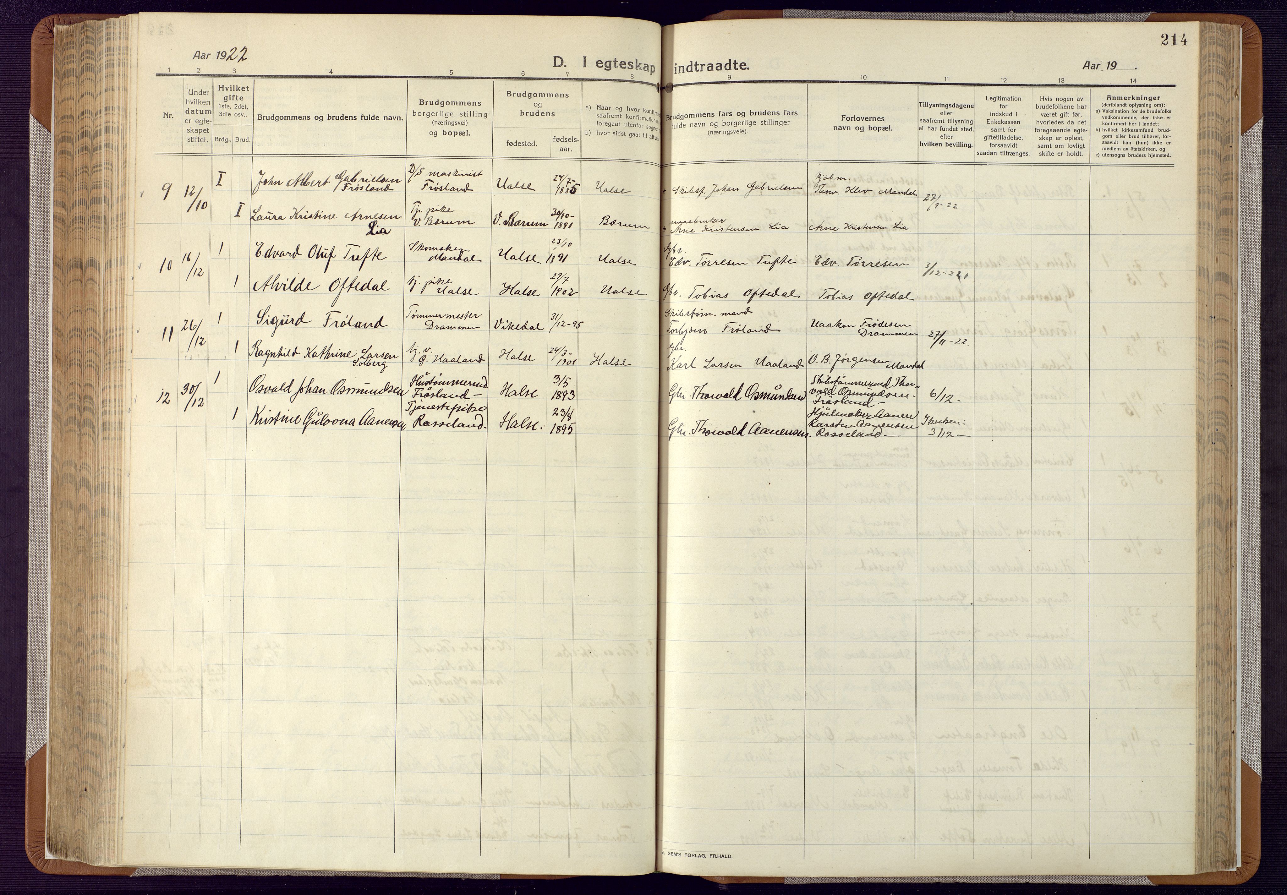 Mandal sokneprestkontor, AV/SAK-1111-0030/F/Fa/Faa/L0022: Ministerialbok nr. A 22, 1913-1925, s. 214
