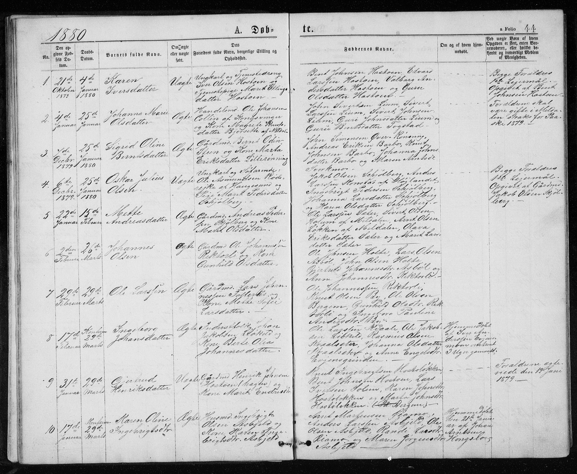 Ministerialprotokoller, klokkerbøker og fødselsregistre - Sør-Trøndelag, SAT/A-1456/671/L0843: Klokkerbok nr. 671C02, 1873-1892, s. 44