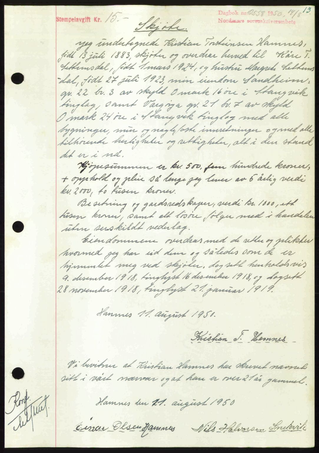 Nordmøre sorenskriveri, AV/SAT-A-4132/1/2/2Ca: Pantebok nr. A116, 1950-1950, Dagboknr: 2558/1950