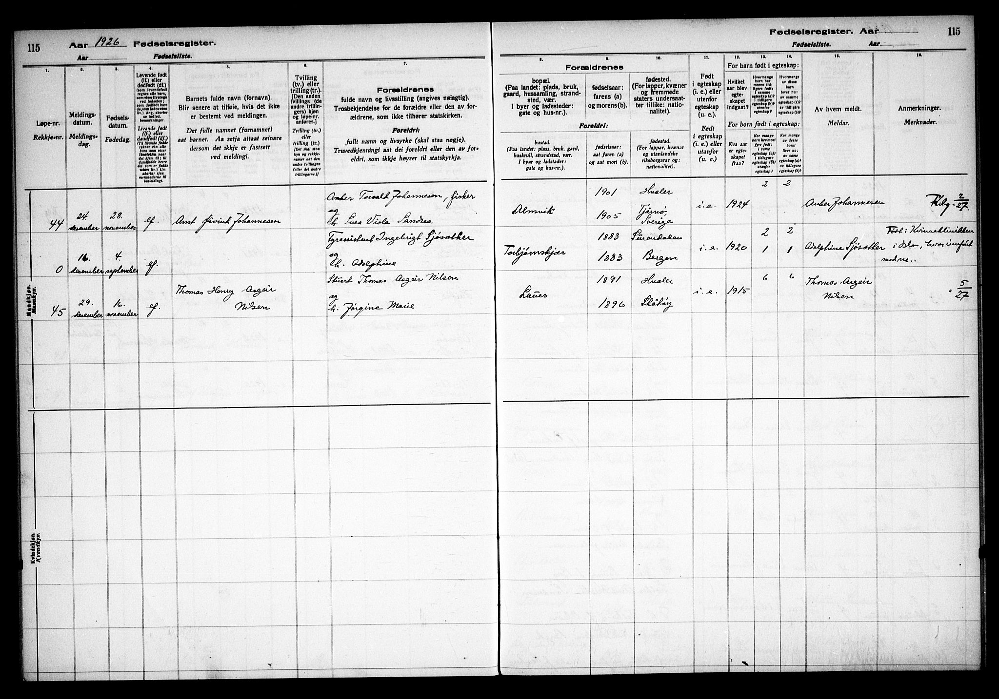 Hvaler prestekontor Kirkebøker, AV/SAO-A-2001/J/Ja/L0001: Fødselsregister nr. I 1, 1916-1938, s. 115