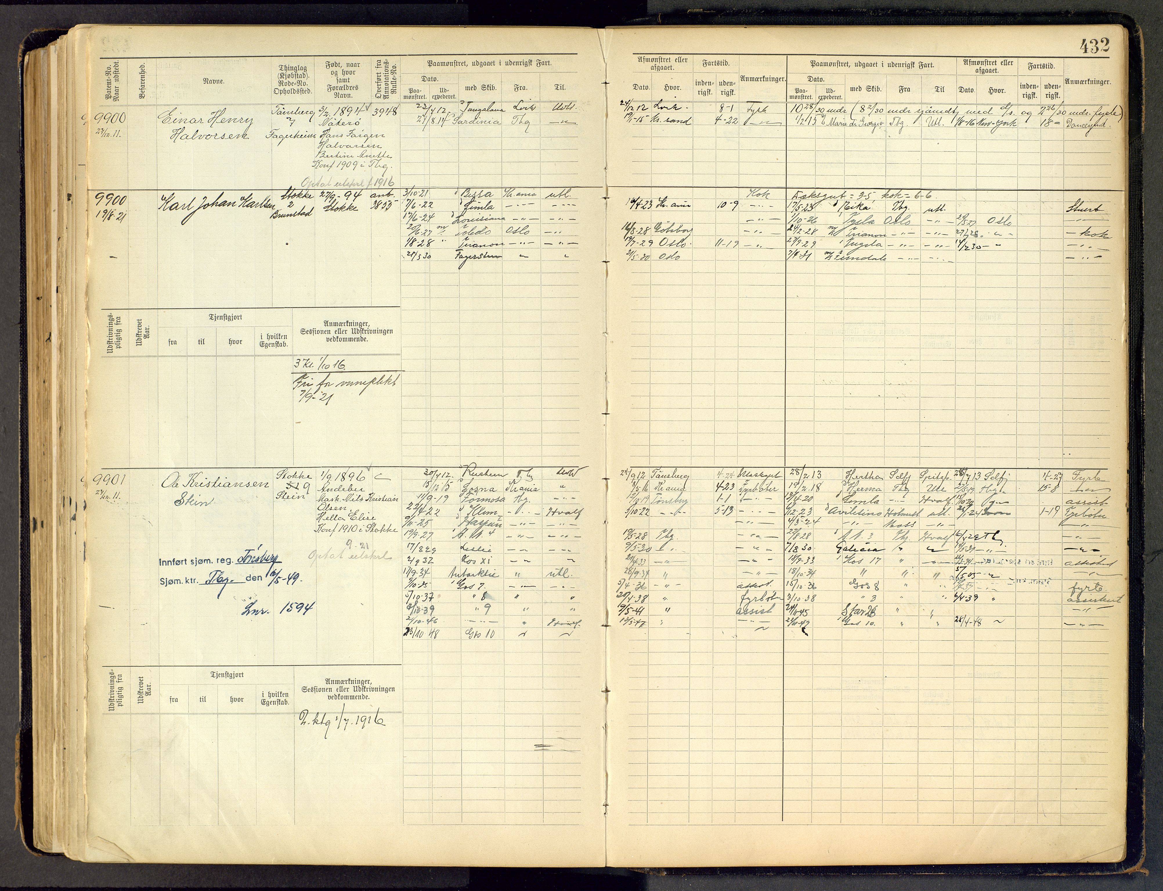 Tønsberg innrulleringskontor, SAKO/A-786/F/Fc/Fca/L0011: Hovedrulle Patent nr. 9038-9992, 1900-1912, s. 432