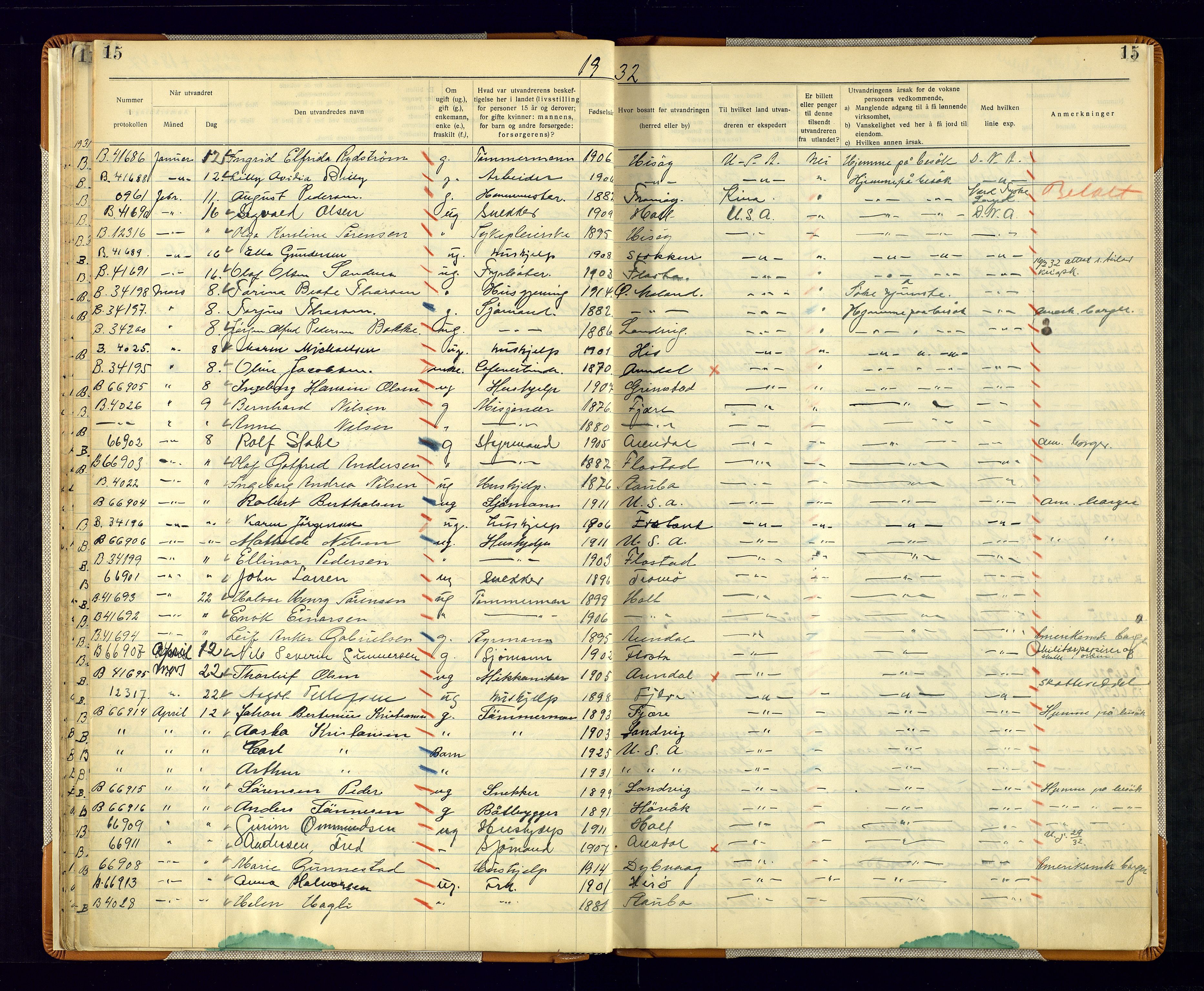 Arendal politikammer - 1, AV/SAK-1243-0001/K/Kb/L0111: Emigrantprotokoll, 1930-1946, s. 15
