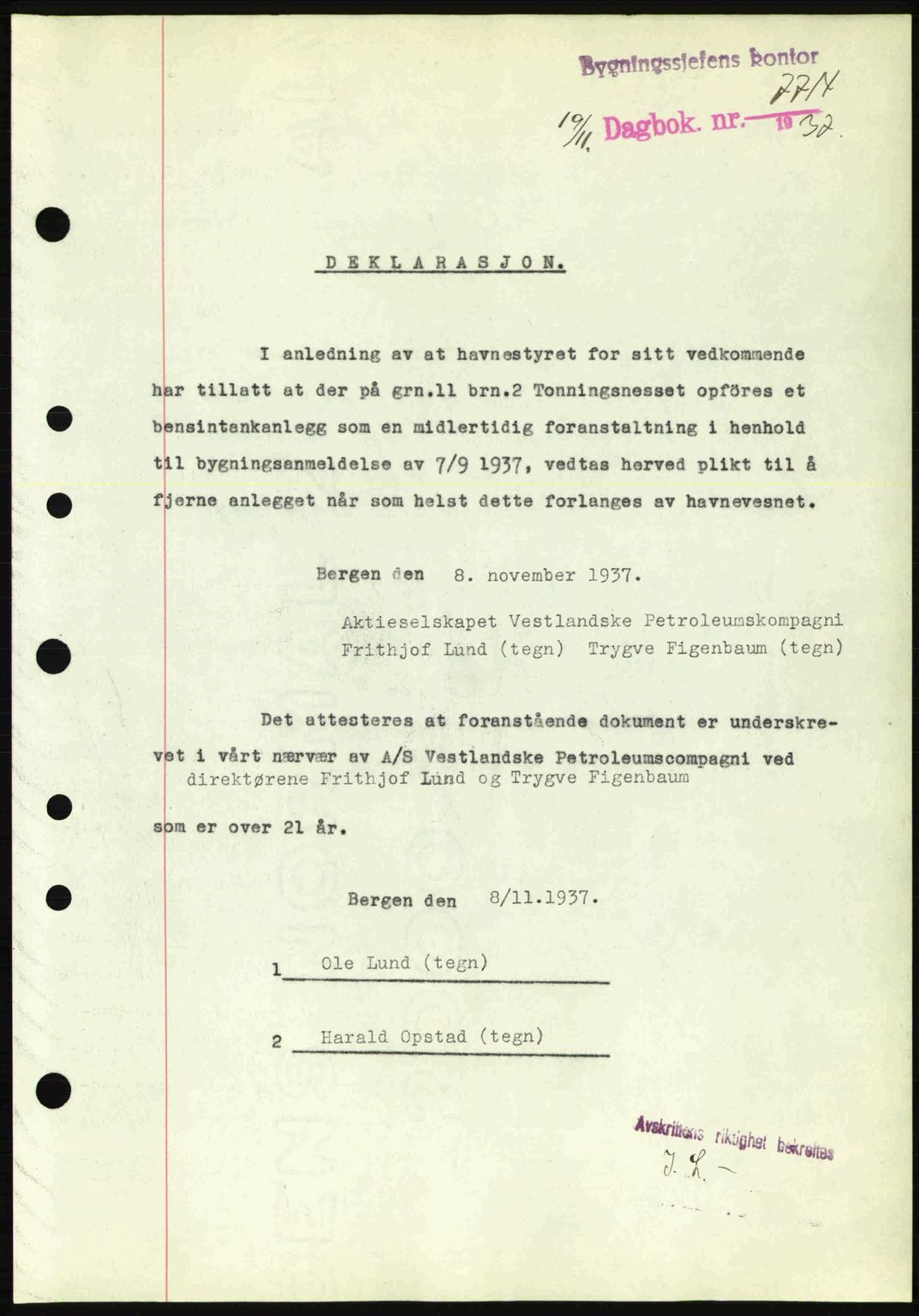 Byfogd og Byskriver i Bergen, SAB/A-3401/03/03Bc/L0006: Pantebok nr. A5, 1937-1938, Dagboknr: 7714/1937