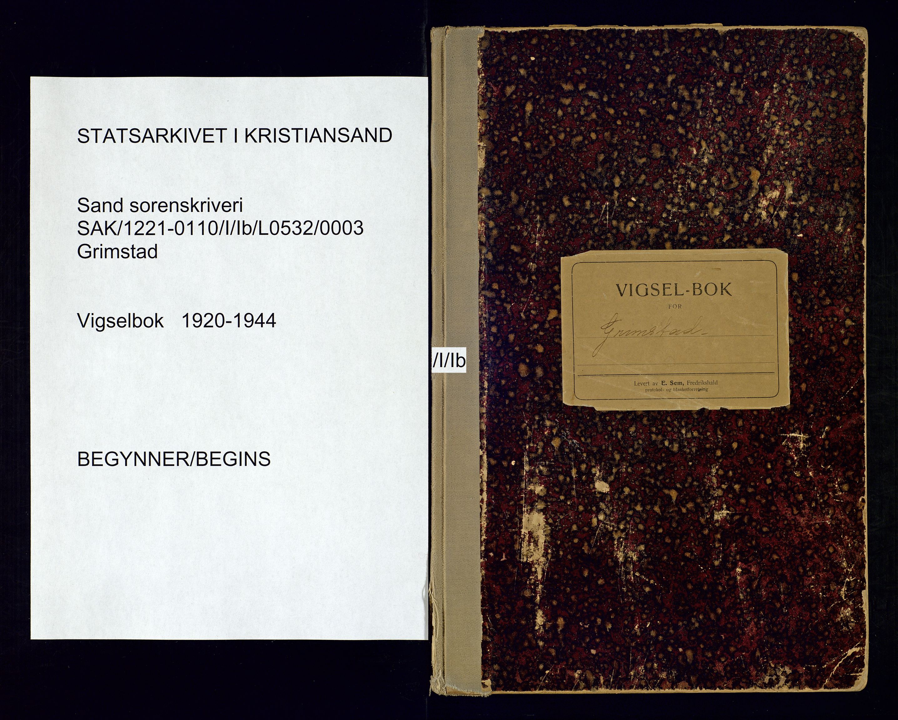 Sand sorenskriveri - 2, SAK/1221-0110/I/Ib/L0532/0003: Lysning og vigsel / Vigselbok for Grimstad, 1920-1944