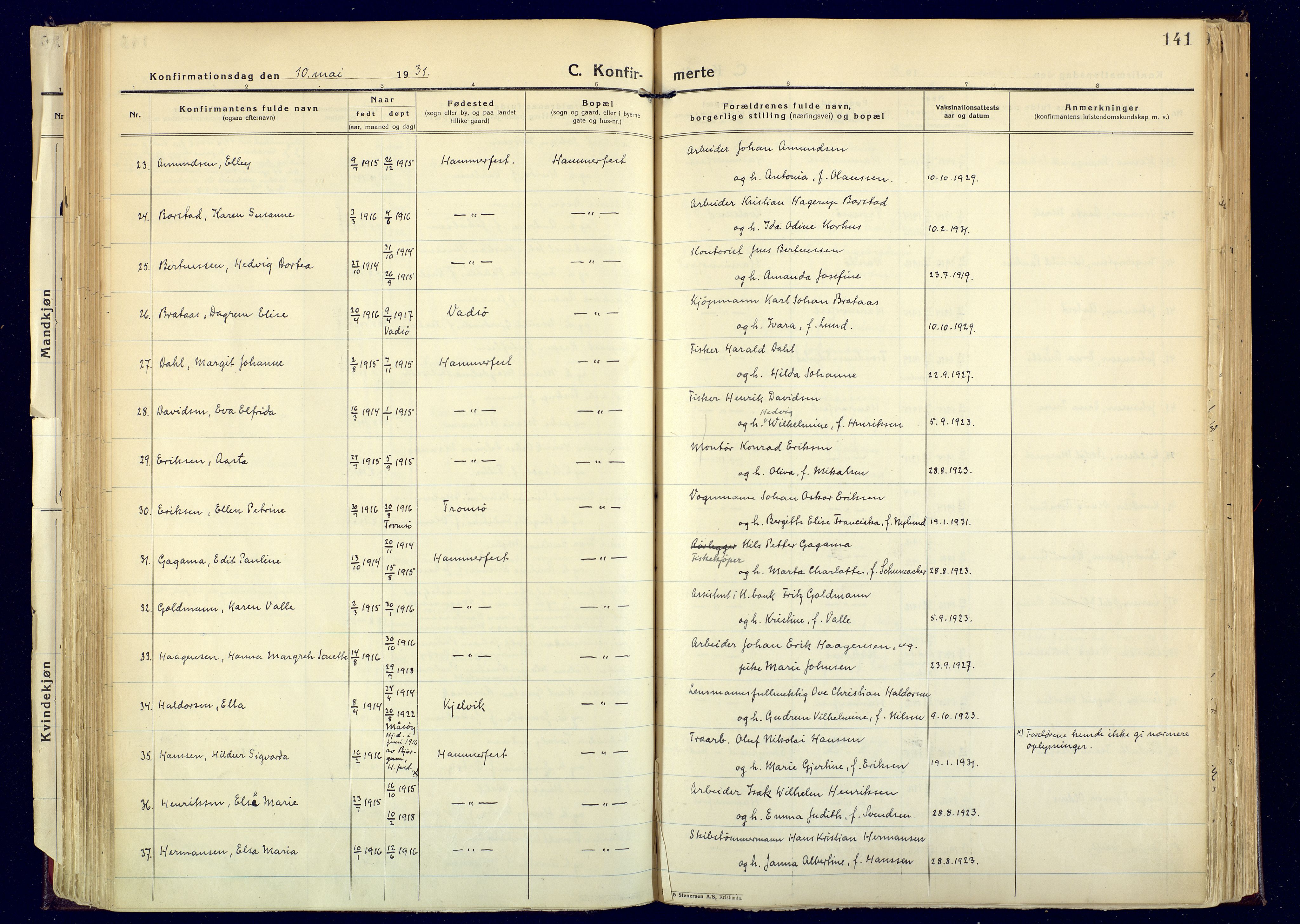 Hammerfest sokneprestkontor, SATØ/S-1347: Ministerialbok nr. 17, 1923-1933, s. 141