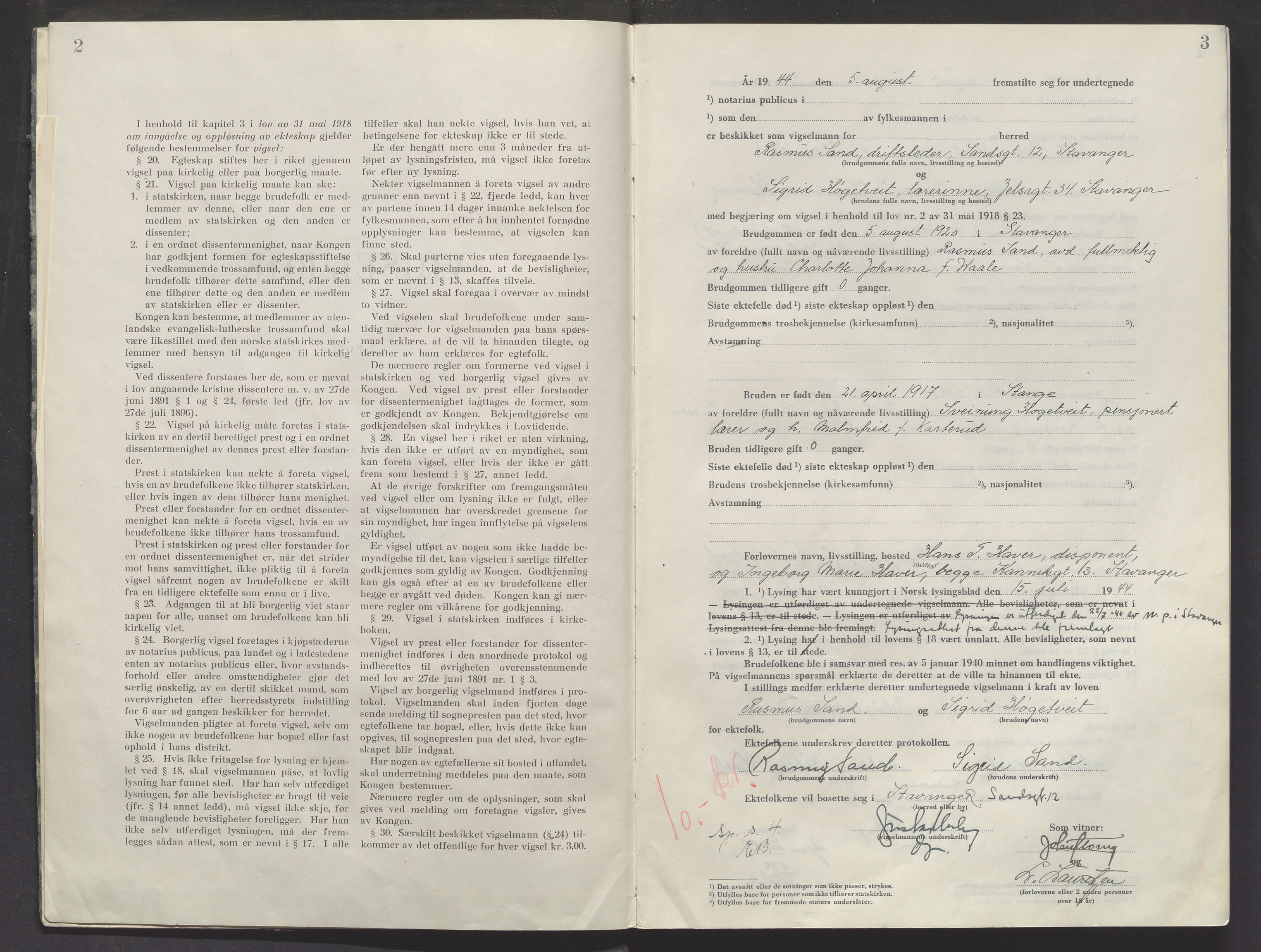Sør-Hedmark sorenskriveri, AV/SAH-TING-014/L/Le/L0002/0001: Vigselsbøker / Vigselbok, 1944-1945, s. 2-3