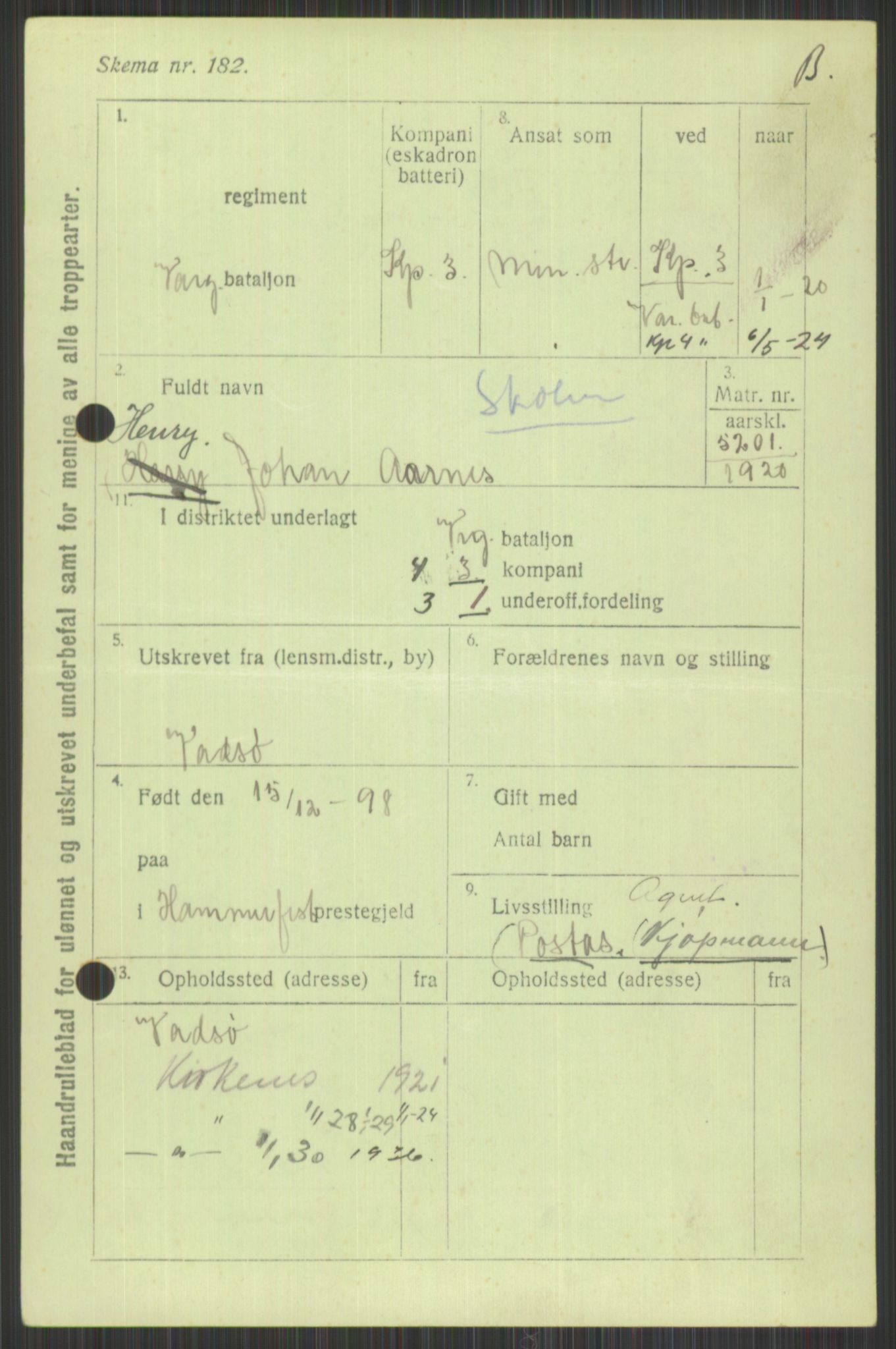 Forsvaret, Varanger bataljon, AV/RA-RAFA-2258/1/D/L0440: Rulleblad for fødte 1892-1912, 1892-1912, s. 251