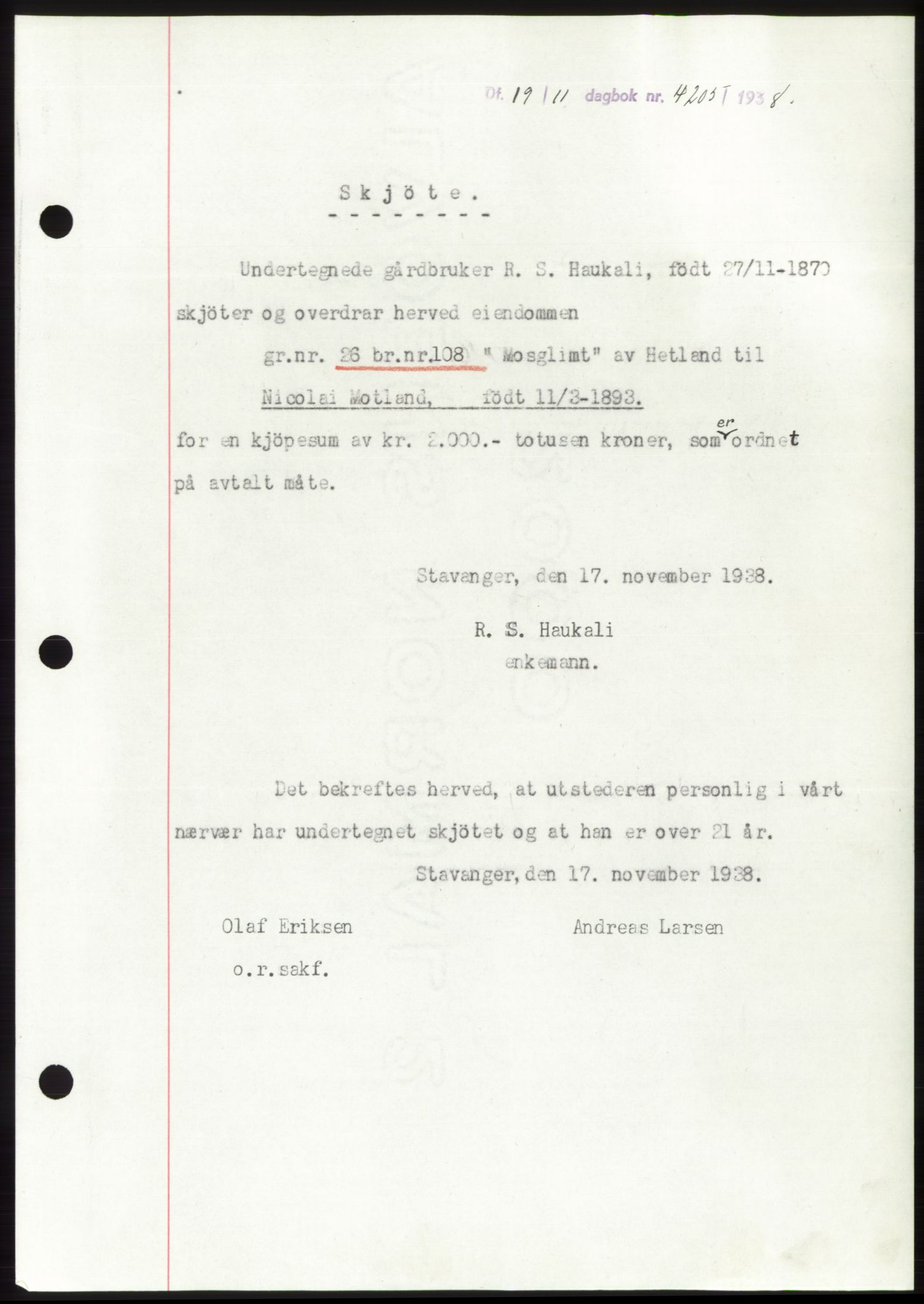 Jæren sorenskriveri, SAST/A-100310/03/G/Gba/L0072: Pantebok, 1938-1938, Dagboknr: 4205/1938