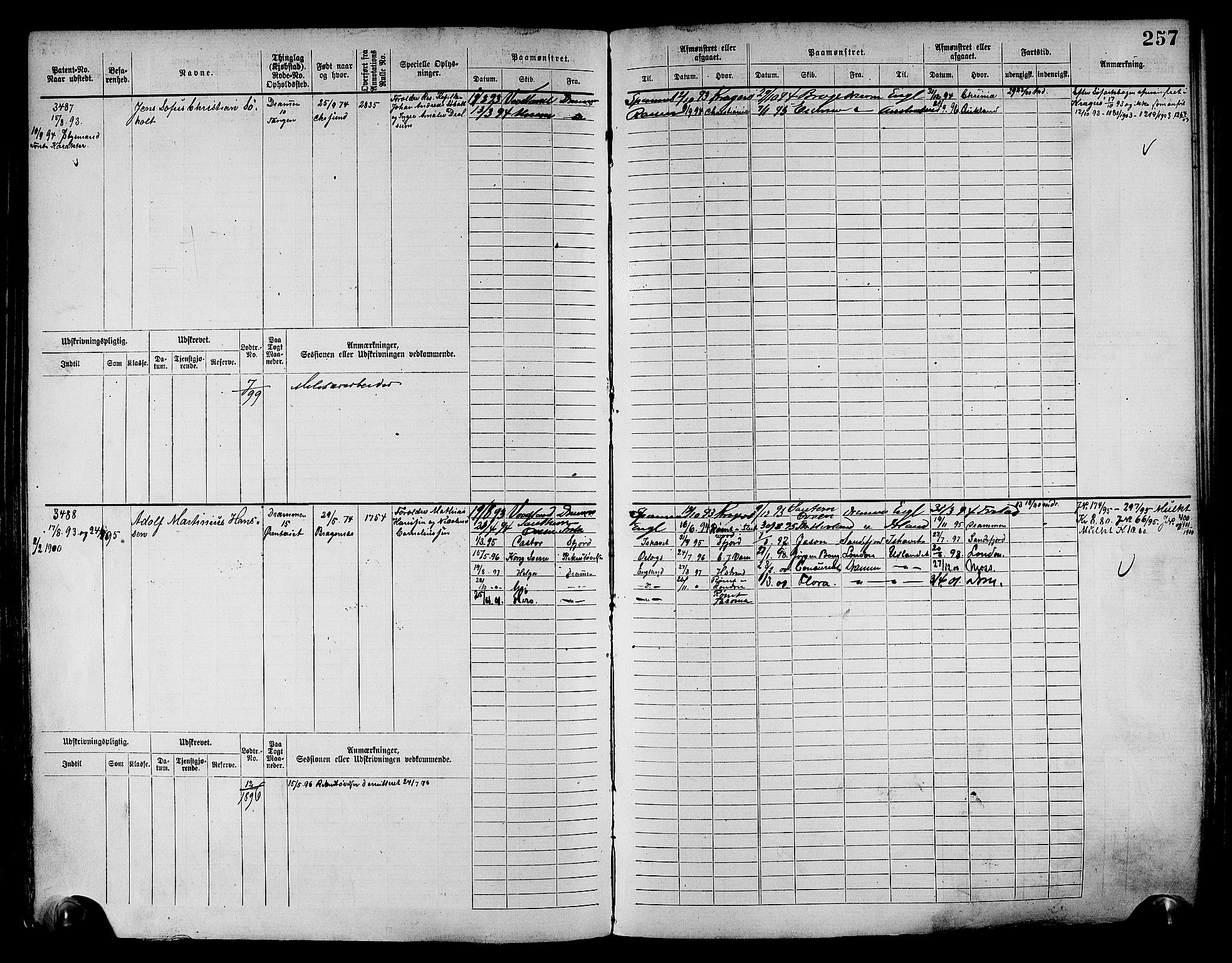 Drammen innrulleringsdistrikt, AV/SAKO-A-781/F/Fc/L0004: Hovedrulle, 1885, s. 263