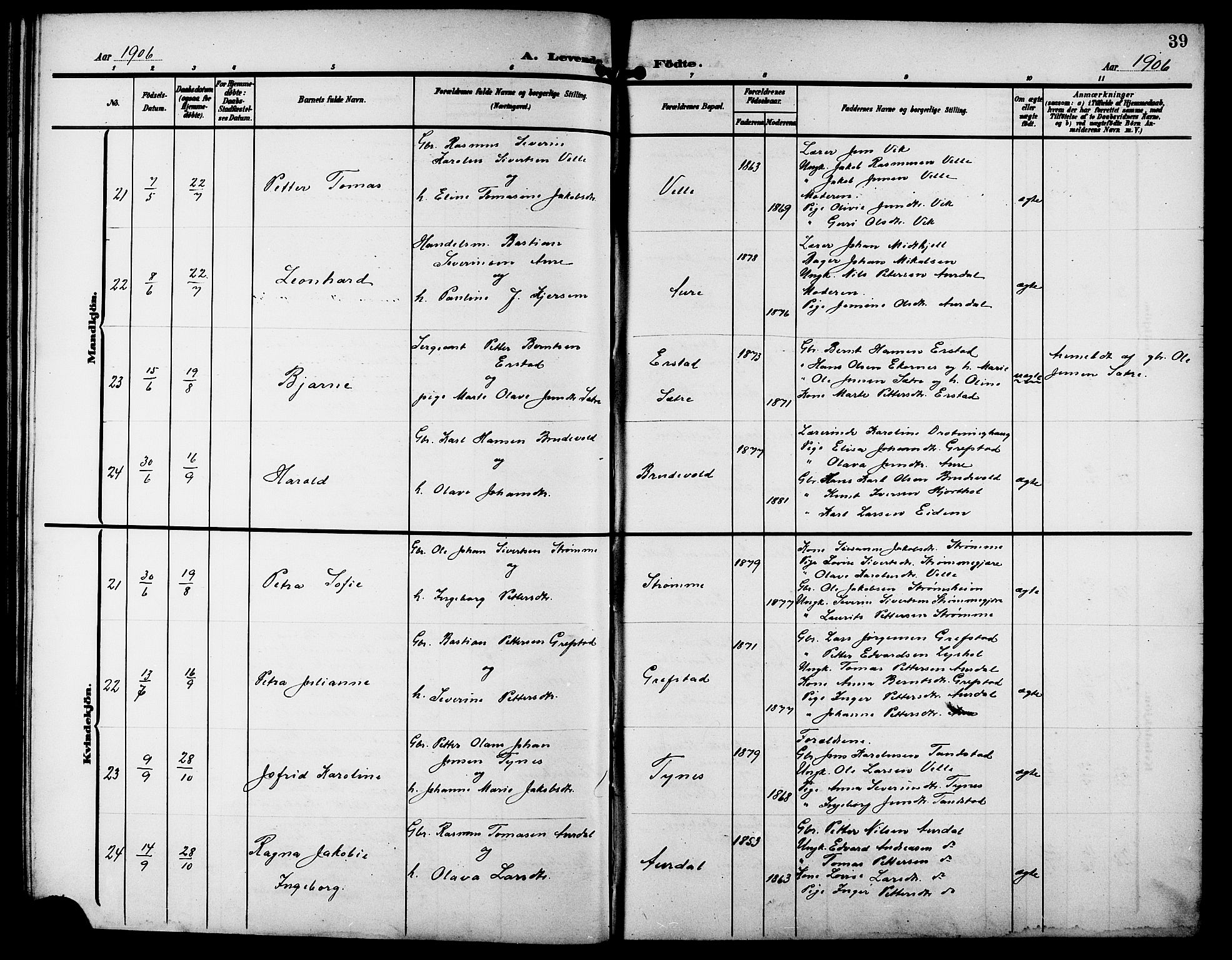 Ministerialprotokoller, klokkerbøker og fødselsregistre - Møre og Romsdal, AV/SAT-A-1454/523/L0341: Klokkerbok nr. 523C04, 1903-1916, s. 39