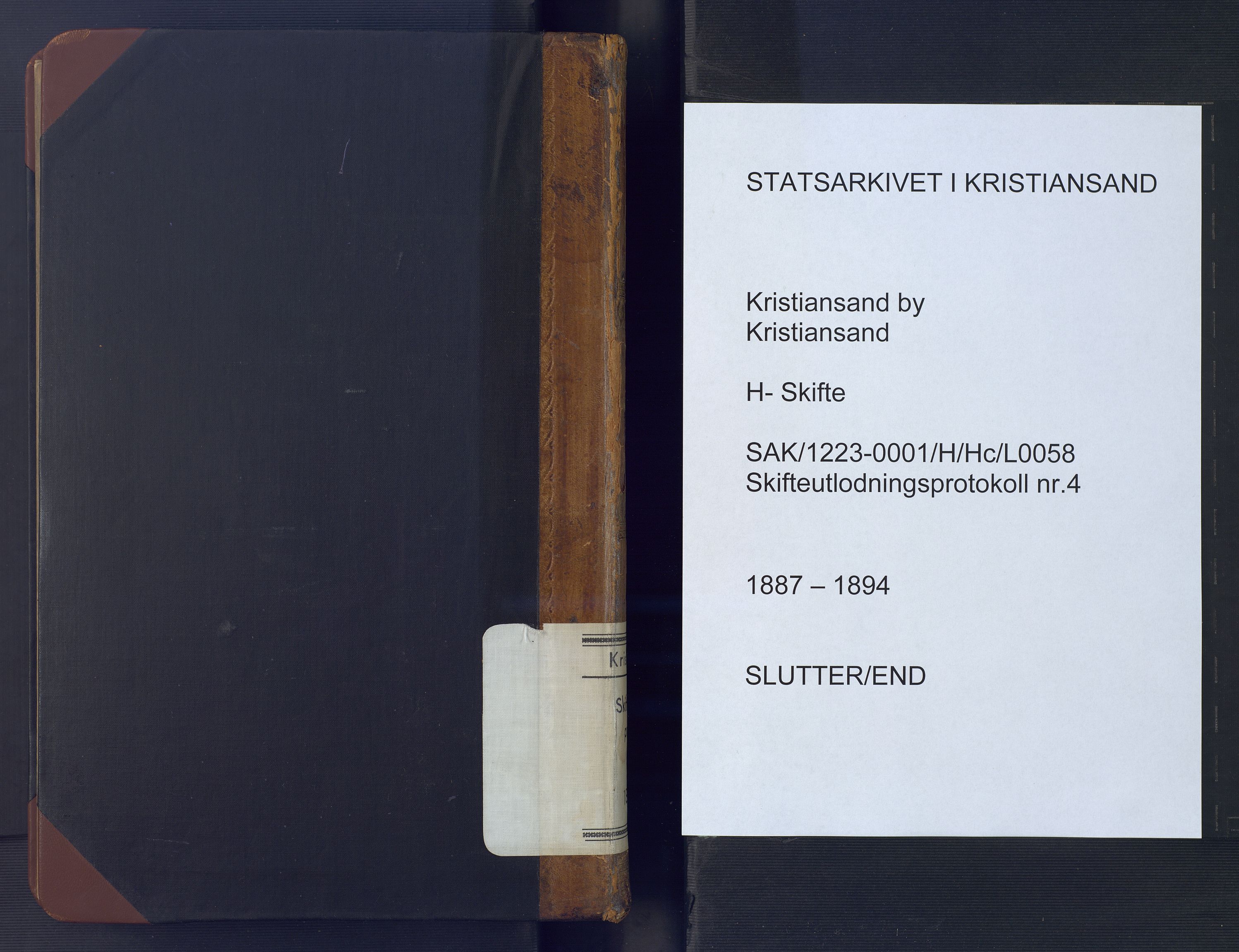 Kristiansand byrett, AV/SAK-1223-0001/H/Hc/L0058: Skifteutlodningsprotokoll nr. 4, med register, 1887-1894