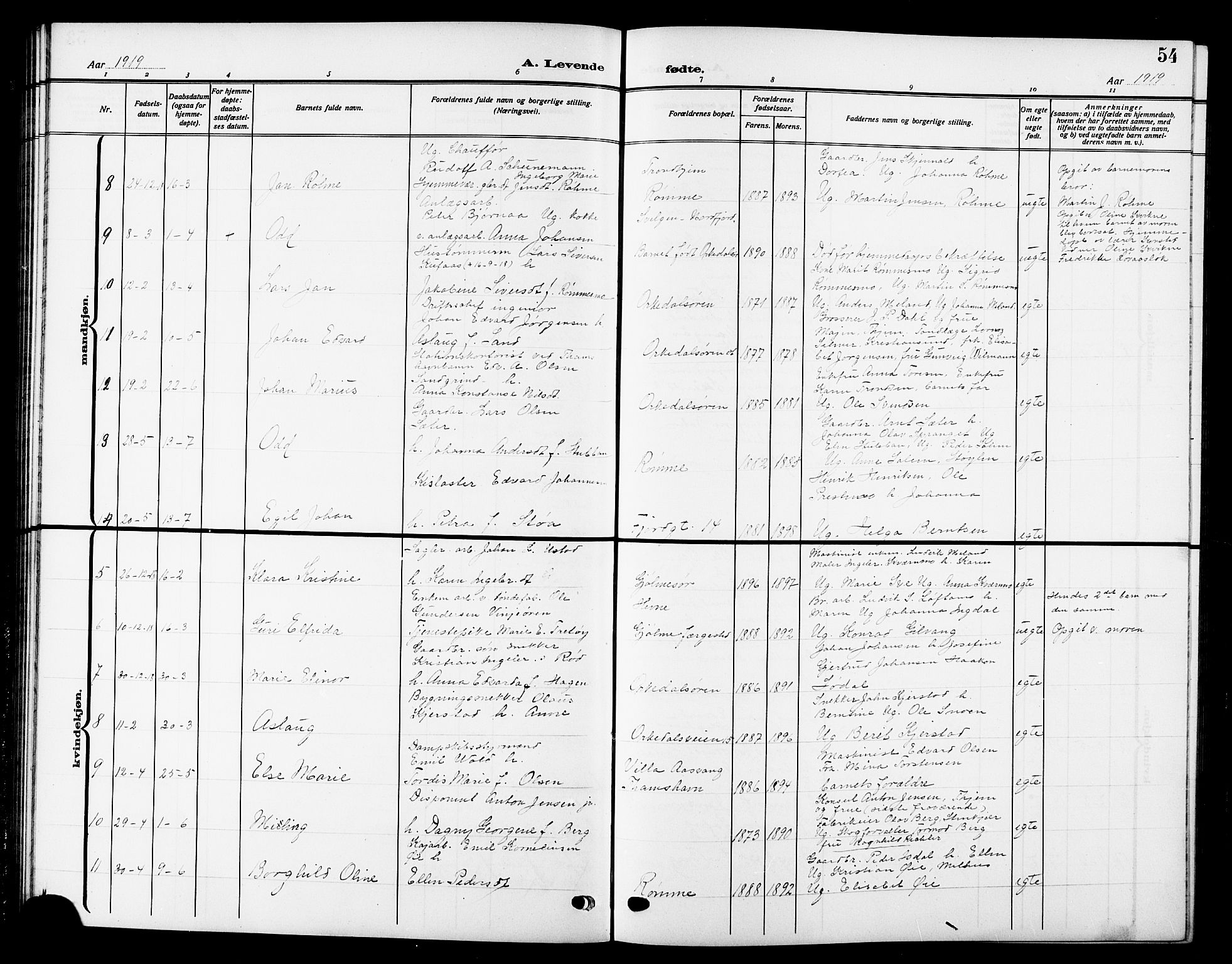 Ministerialprotokoller, klokkerbøker og fødselsregistre - Sør-Trøndelag, AV/SAT-A-1456/669/L0831: Klokkerbok nr. 669C01, 1909-1924, s. 54