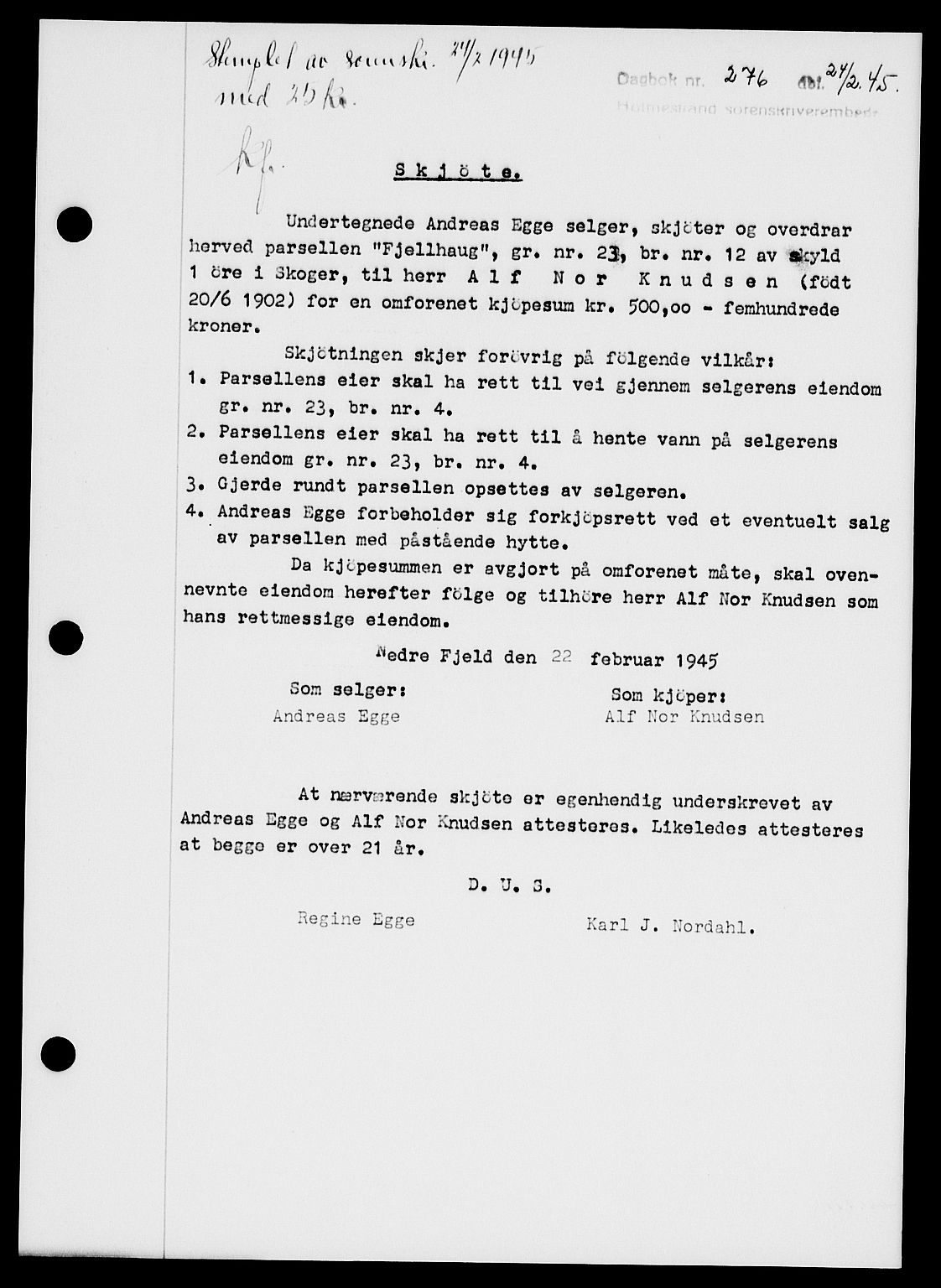 Holmestrand sorenskriveri, SAKO/A-67/G/Ga/Gaa/L0059: Pantebok nr. A-59, 1945-1946, Dagboknr: 276/1945