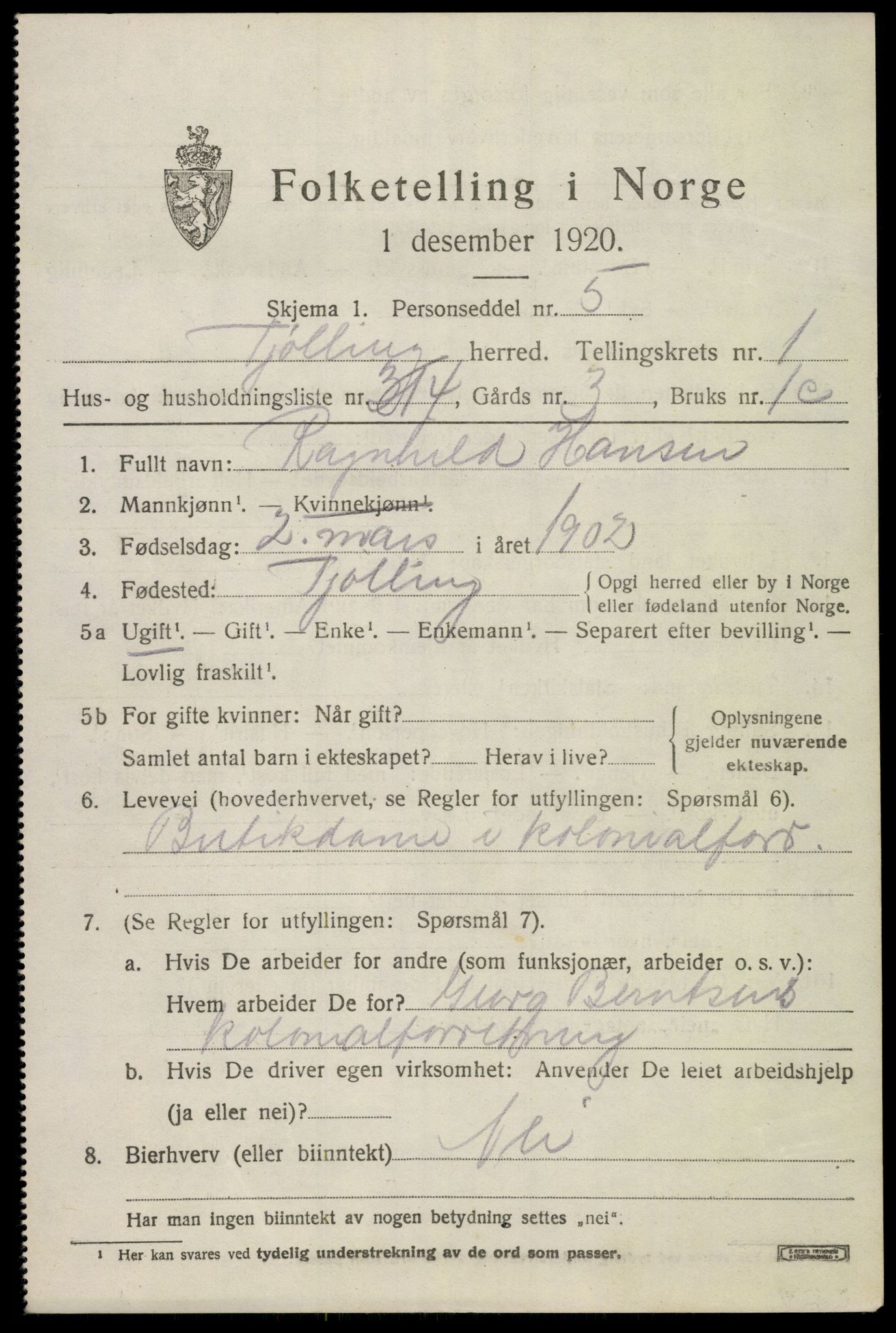 SAKO, Folketelling 1920 for 0725 Tjølling herred, 1920, s. 5145