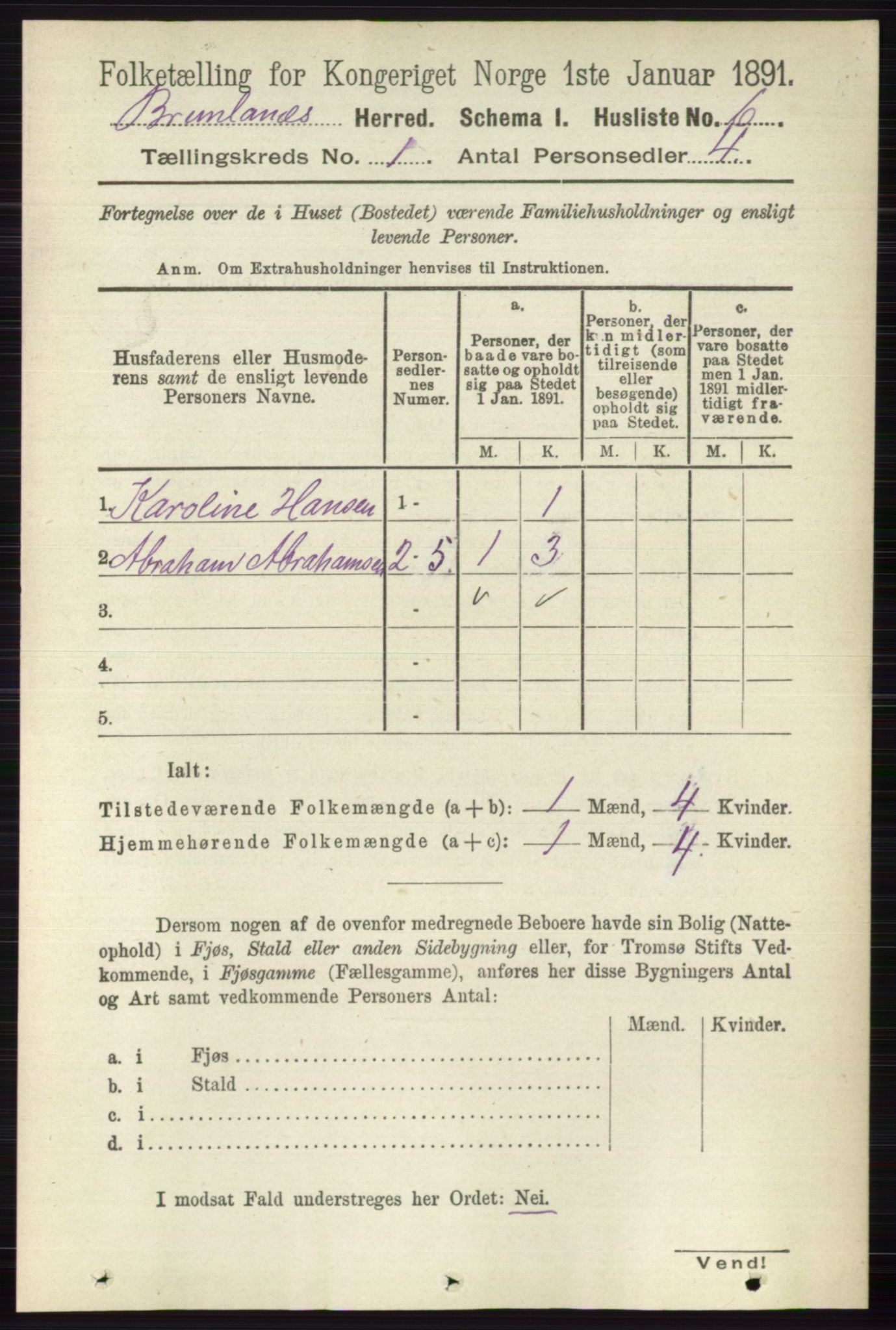 RA, Folketelling 1891 for 0726 Brunlanes herred, 1891, s. 41