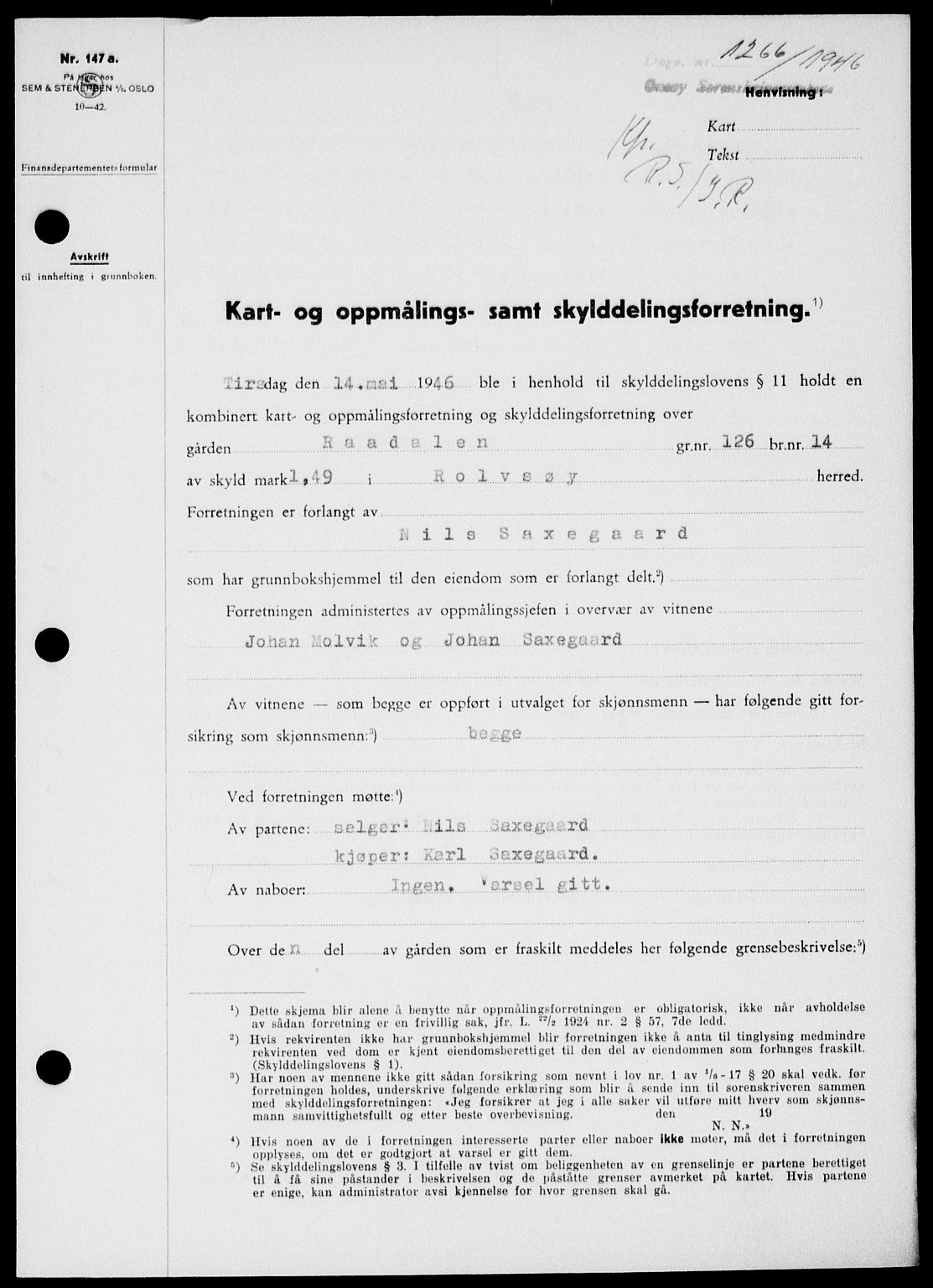 Onsøy sorenskriveri, SAO/A-10474/G/Ga/Gab/L0016: Pantebok nr. II A-16, 1946-1946, Dagboknr: 1266/1946