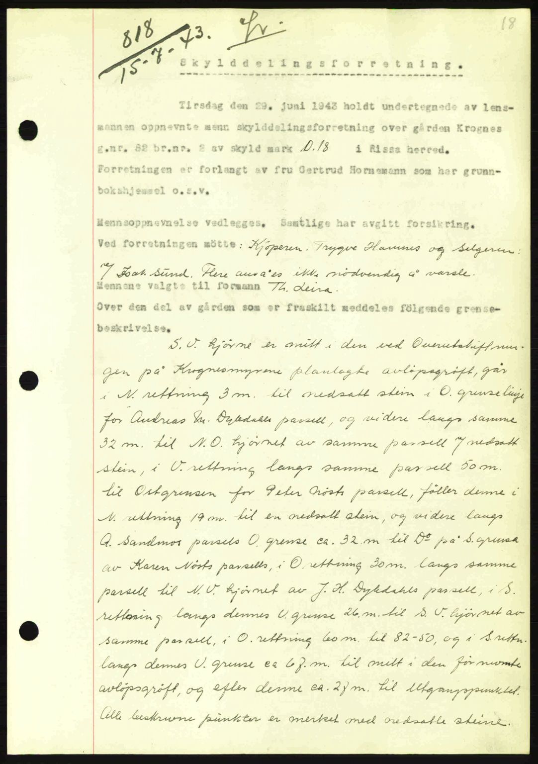 Fosen sorenskriveri, AV/SAT-A-1107/1/2/2C: Pantebok nr. A2, 1942-1943, Dagboknr: 818/1943