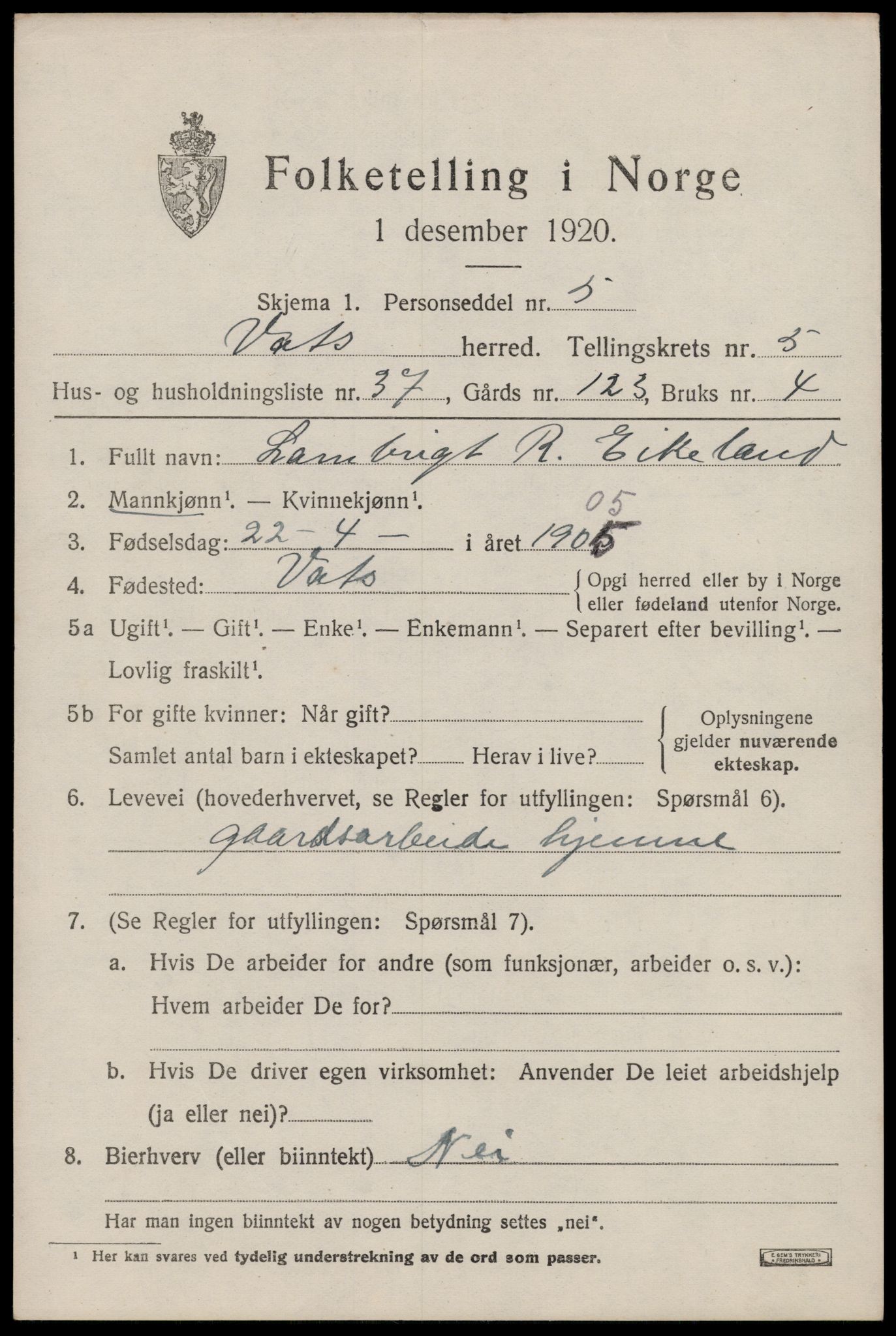 SAST, Folketelling 1920 for 1155 Vats herred, 1920, s. 2327