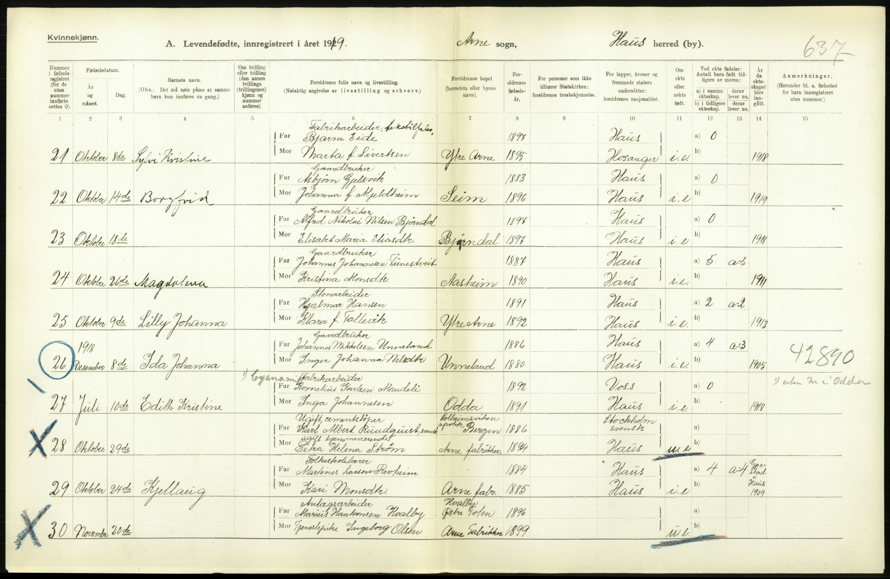 Statistisk sentralbyrå, Sosiodemografiske emner, Befolkning, AV/RA-S-2228/D/Df/Dfb/Dfbi/L0031: Hordaland fylke: Levendefødte menn og kvinner. Bygder., 1919, s. 358