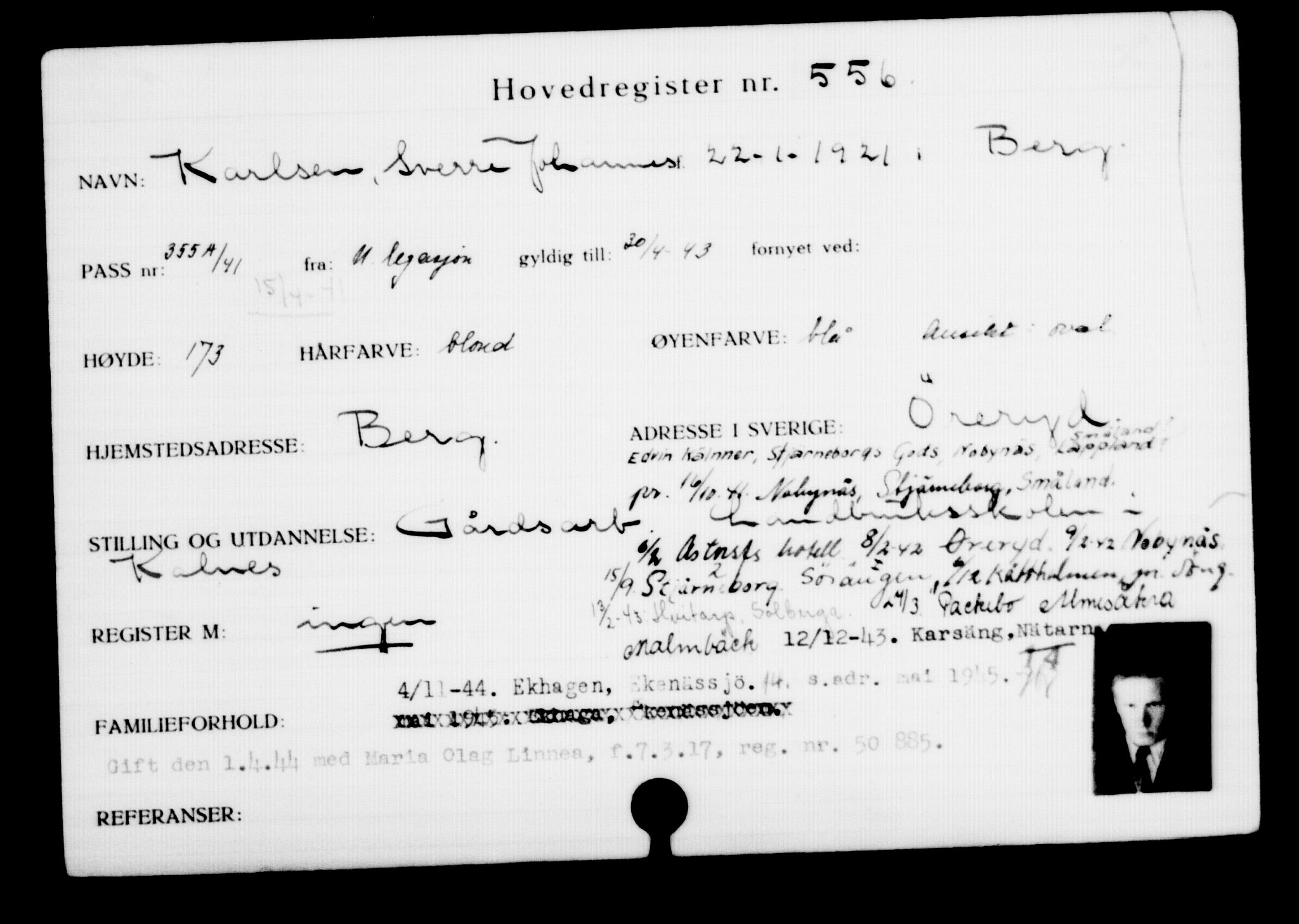 Utenriksstasjonene, Legasjonen i Stockholm, Flyktningkontoret, AV/RA-S-6753/V/Va/L0001: Kjesäterkartoteket, flyktninger med registreringsnr. 1-1000, 1940-1945, s. 864