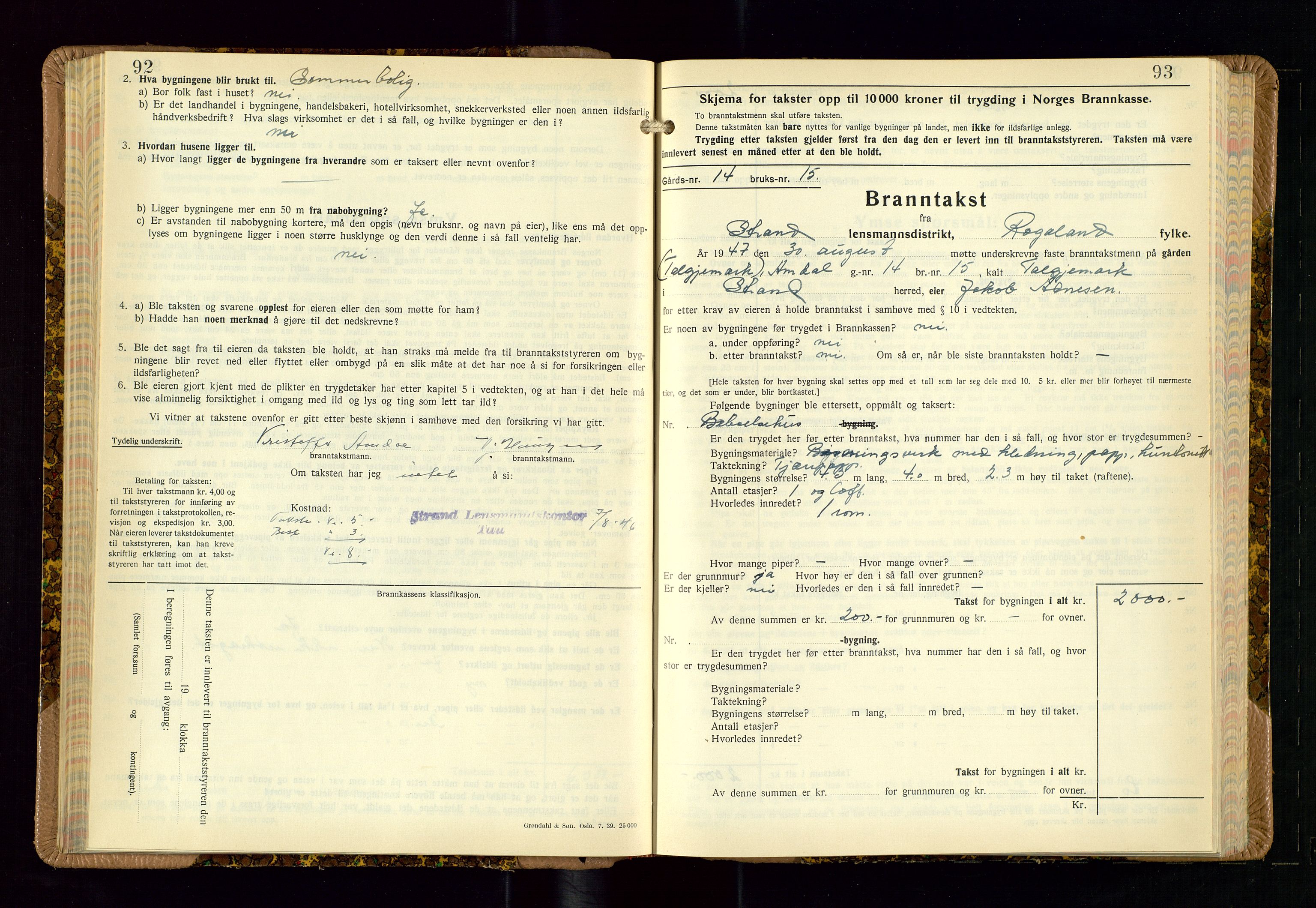 Strand og Forsand lensmannskontor, SAST/A-100451/Gob/L0002: Branntakstprotokoll, 1942-1953, s. 92-93