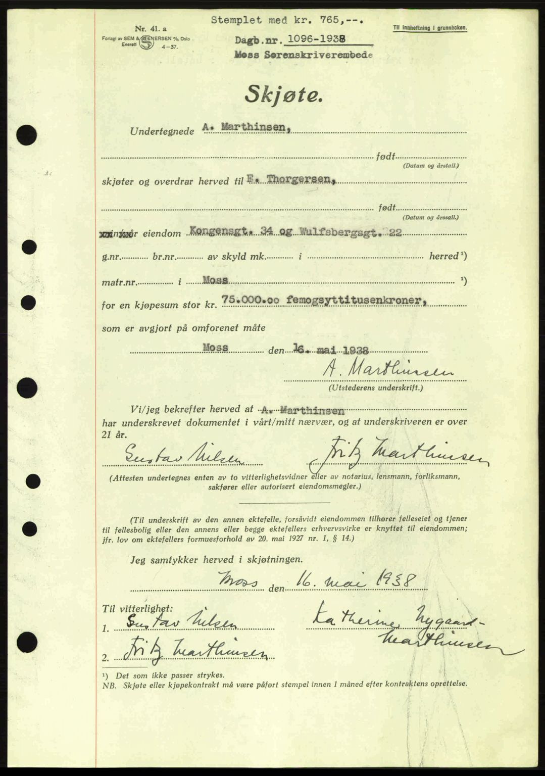 Moss sorenskriveri, SAO/A-10168: Pantebok nr. A4, 1938-1938, Dagboknr: 1096/1938