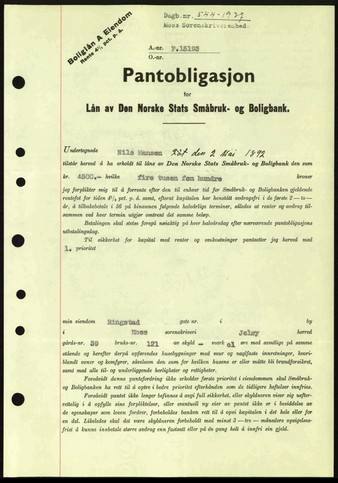 Moss sorenskriveri, SAO/A-10168: Pantebok nr. B3, 1937-1937, Dagboknr: 544/1937