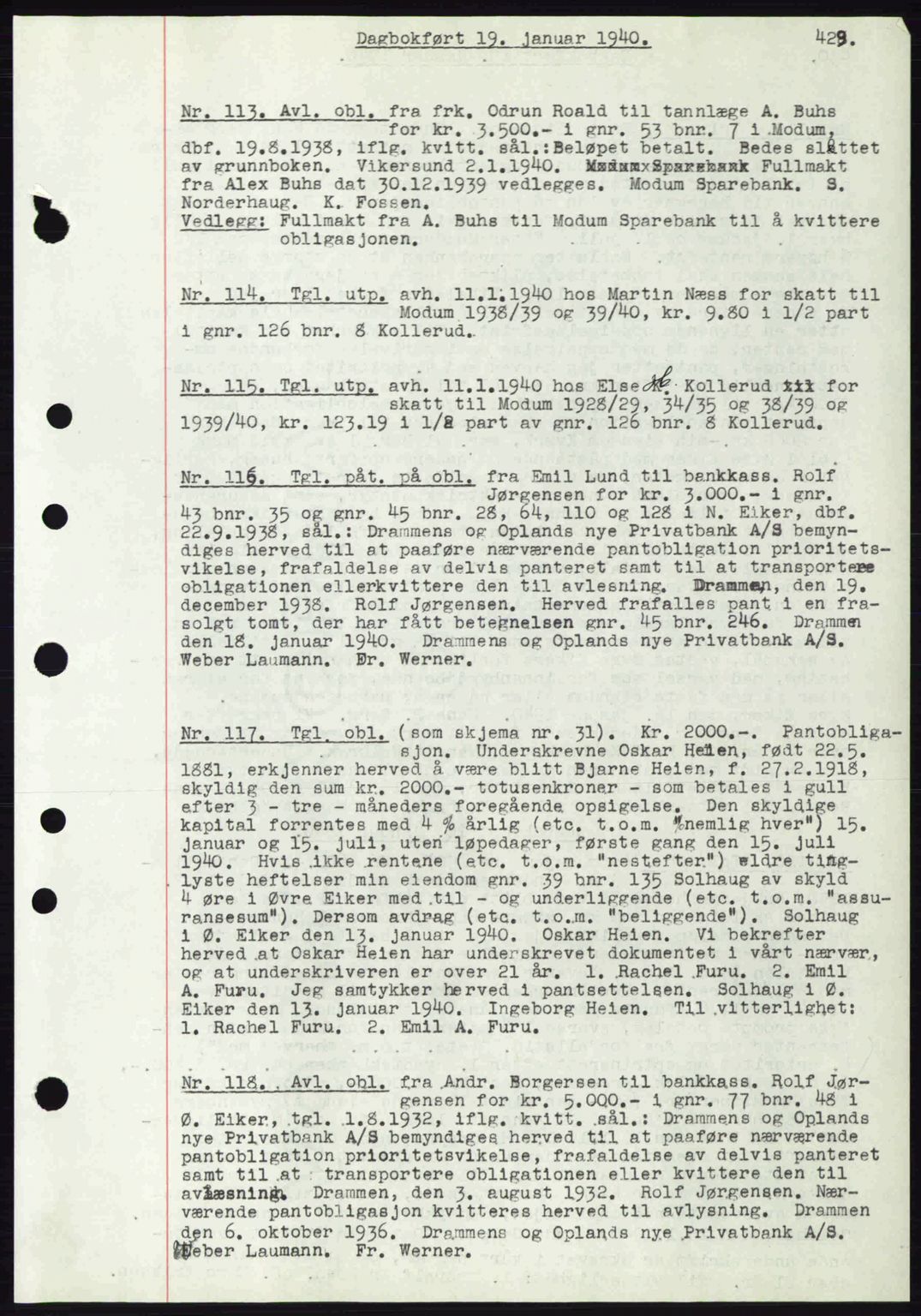 Eiker, Modum og Sigdal sorenskriveri, SAKO/A-123/G/Ga/Gab/L0041: Pantebok nr. A11, 1939-1940, Dagboknr: 113/1940