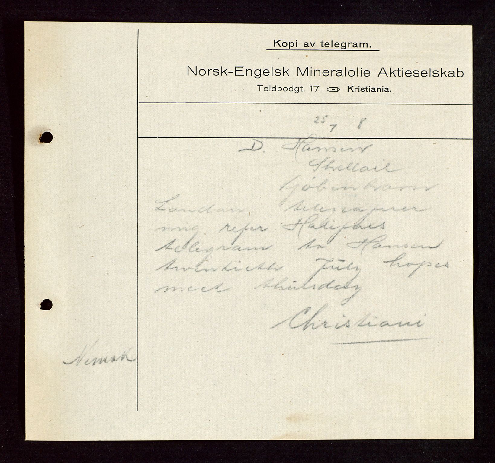 Pa 1521 - A/S Norske Shell, AV/SAST-A-101915/E/Ea/Eaa/L0004: Sjefskorrespondanse, 1918, s. 191