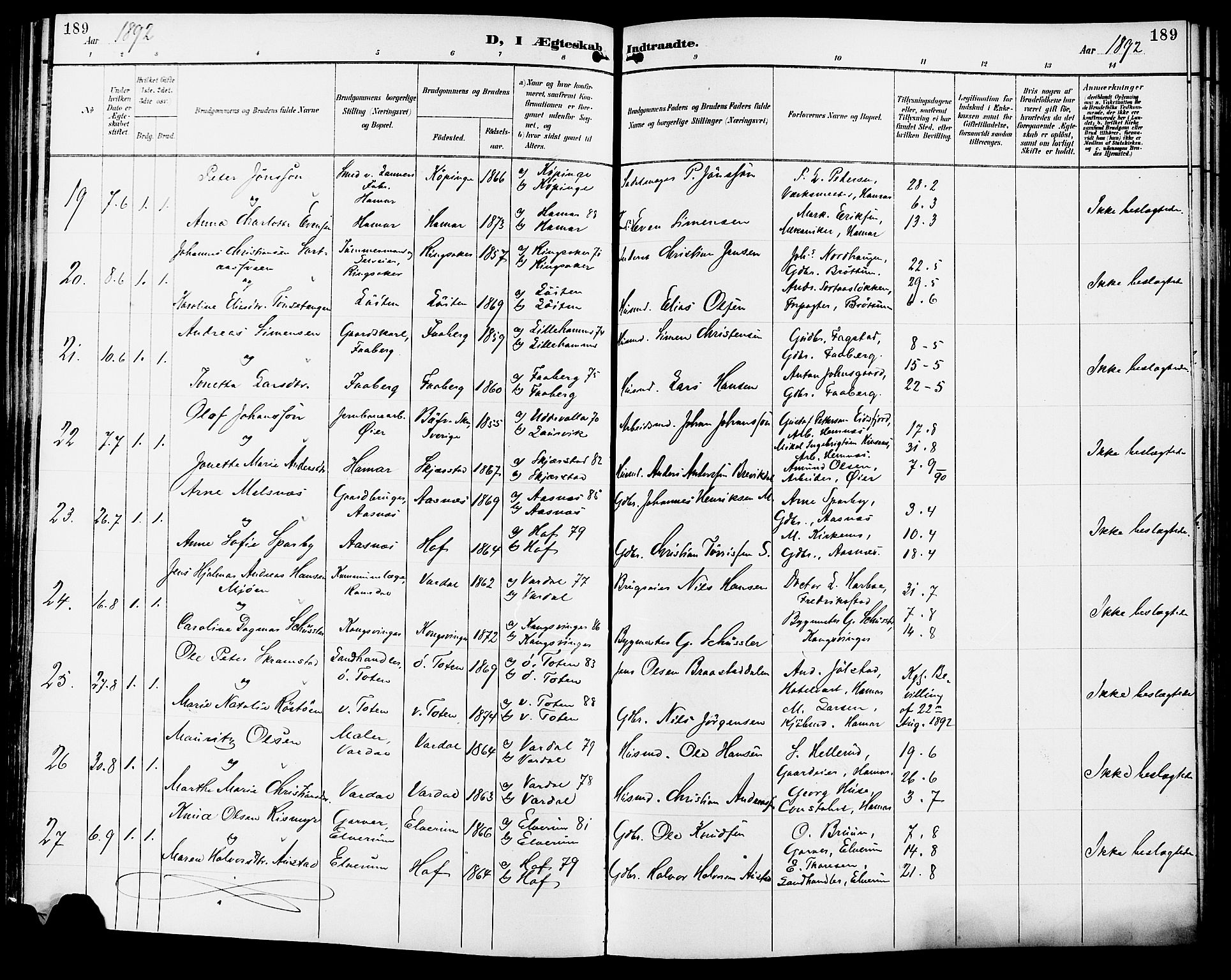 Vang prestekontor, Hedmark, AV/SAH-PREST-008/H/Ha/Haa/L0017: Ministerialbok nr. 17, 1890-1899, s. 189