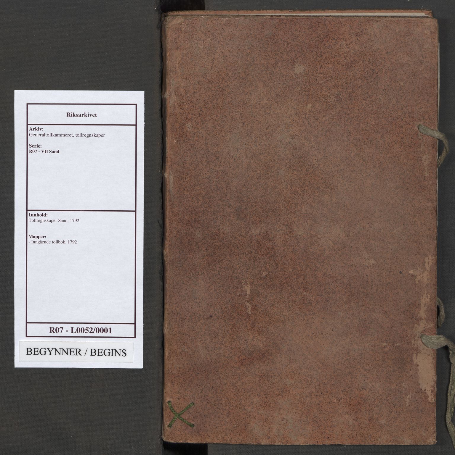 Generaltollkammeret, tollregnskaper, RA/EA-5490/R07/L0052/0001: Tollregnskaper Sand / Inngående tollbok, 1790-1792