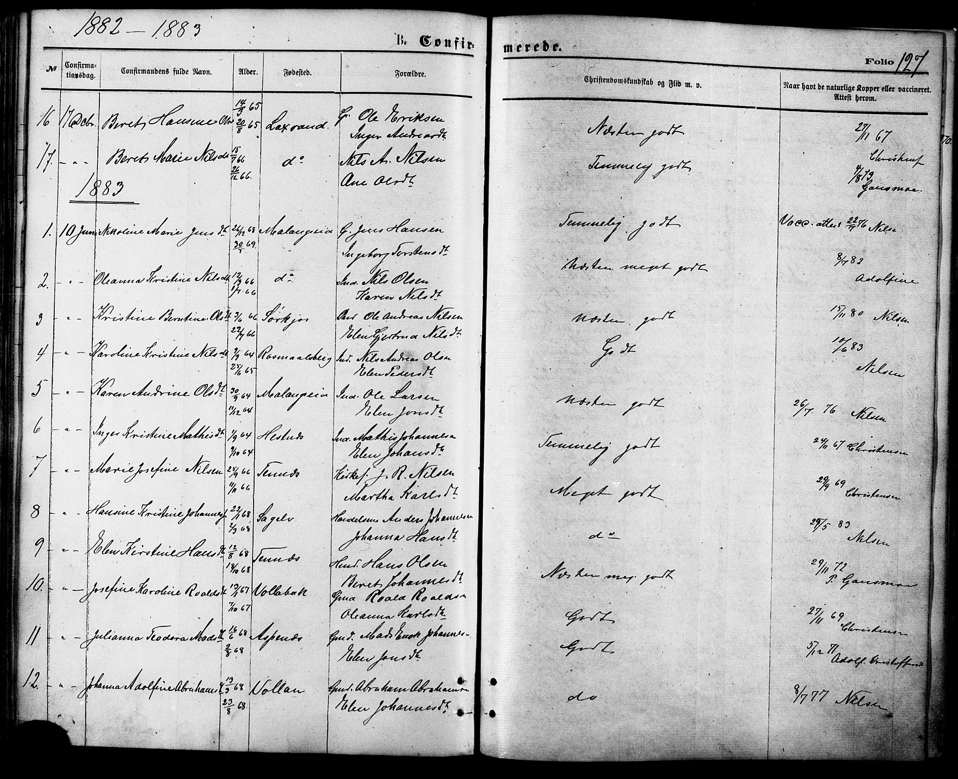 Balsfjord sokneprestembete, AV/SATØ-S-1303/G/Gaa/L0004kirke: Ministerialbok nr. 4, 1871-1883, s. 127