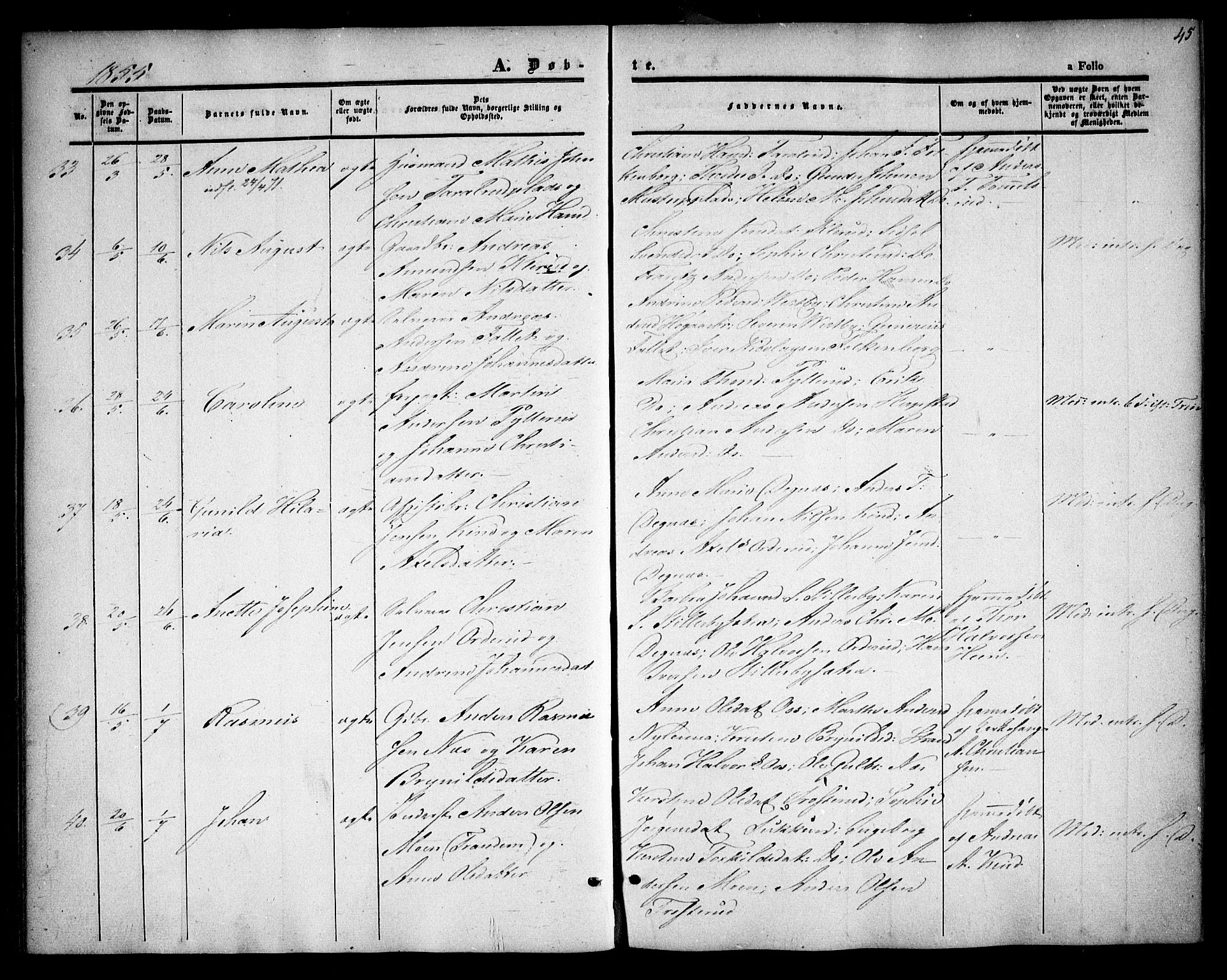 Rødenes prestekontor Kirkebøker, AV/SAO-A-2005/F/Fa/L0006: Ministerialbok nr. I 6, 1850-1859, s. 45