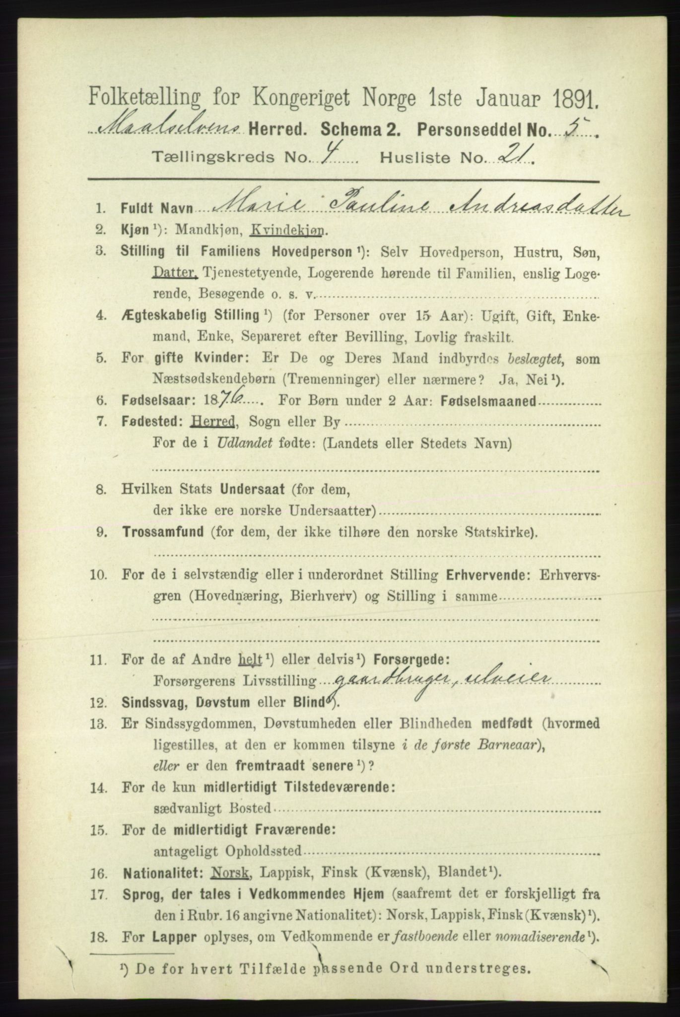 RA, Folketelling 1891 for 1924 Målselv herred, 1891, s. 1220