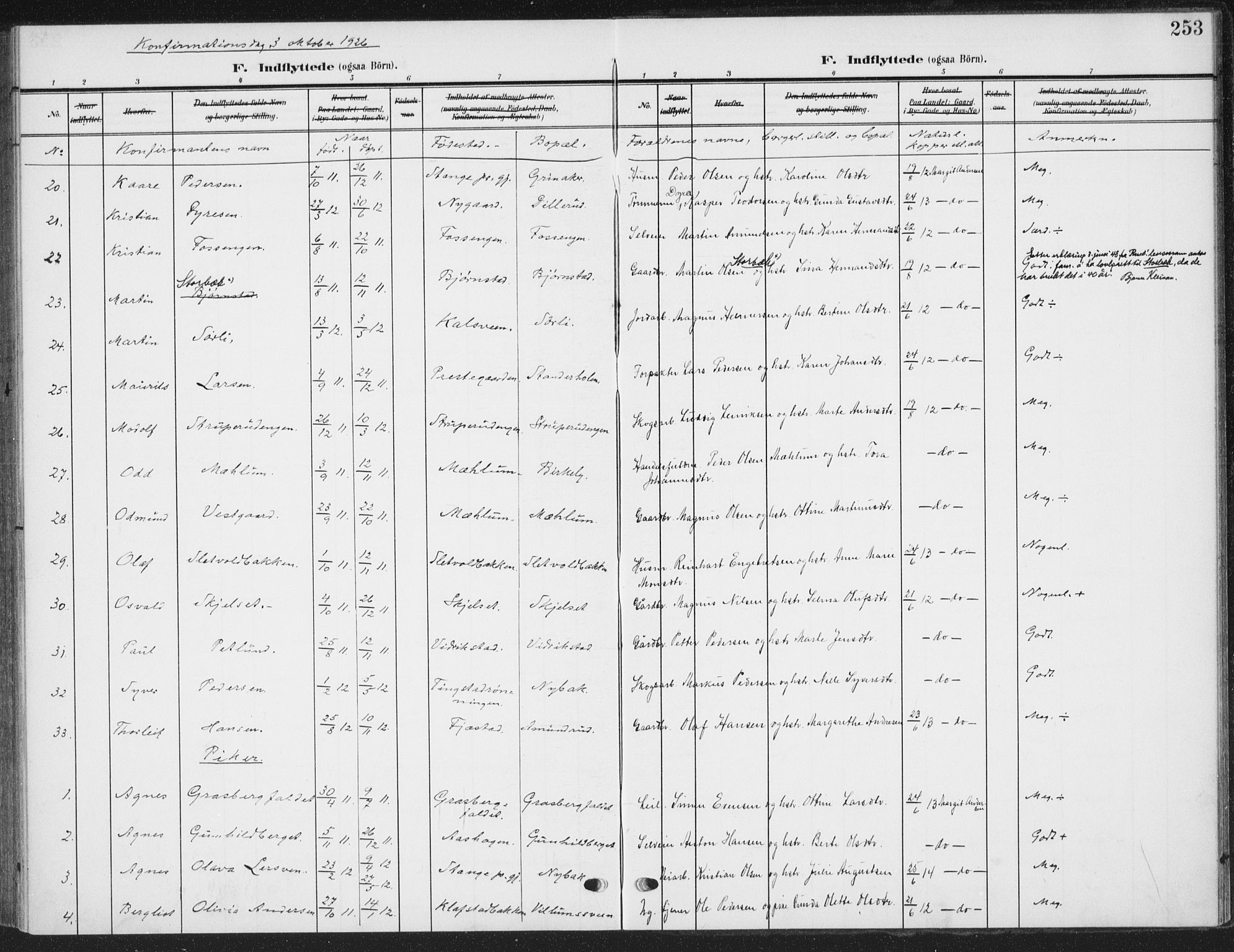 Romedal prestekontor, AV/SAH-PREST-004/K/L0009: Ministerialbok nr. 9, 1906-1929, s. 253