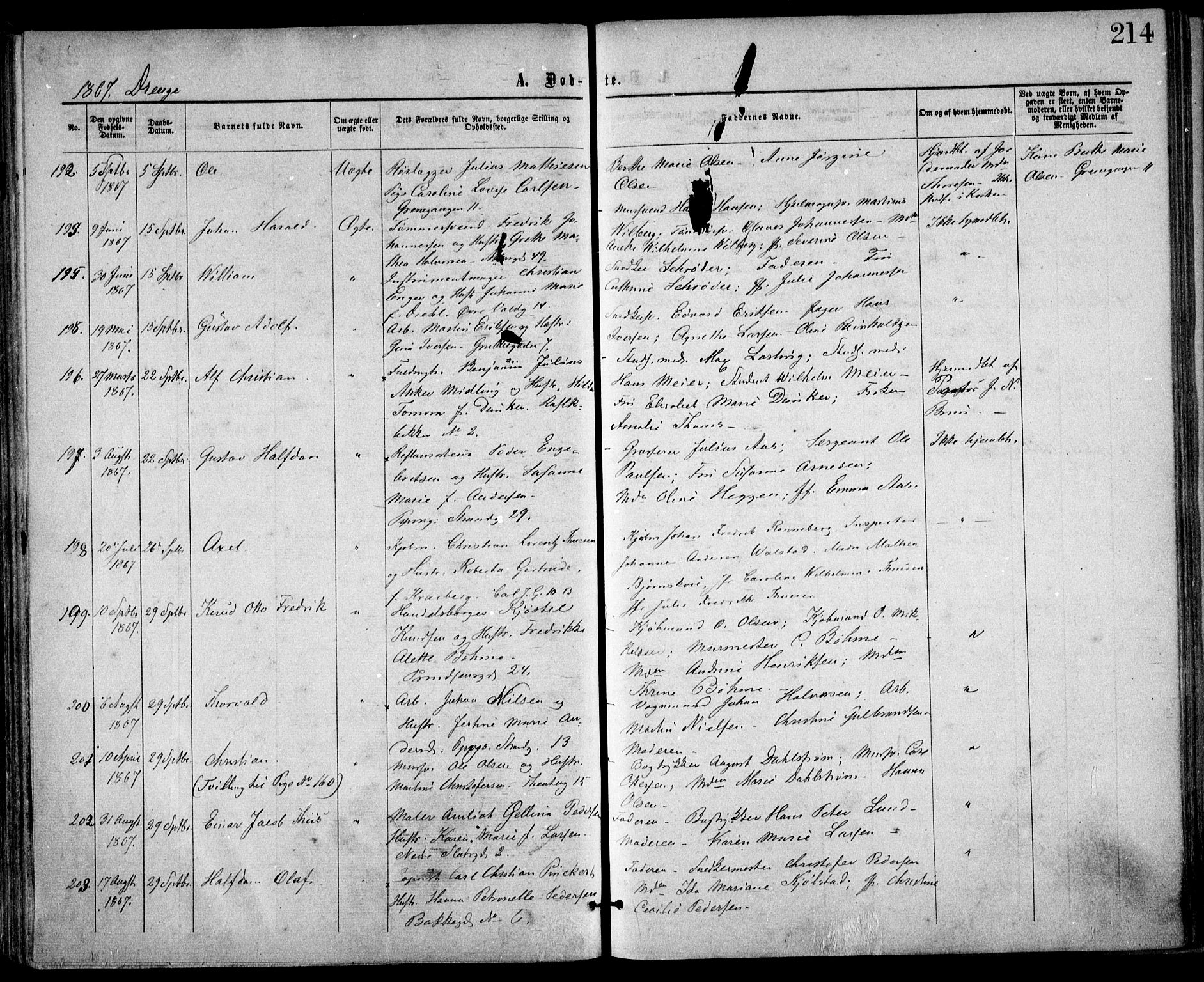 Trefoldighet prestekontor Kirkebøker, AV/SAO-A-10882/F/Fa/L0002: Ministerialbok nr. I 2, 1863-1870, s. 214