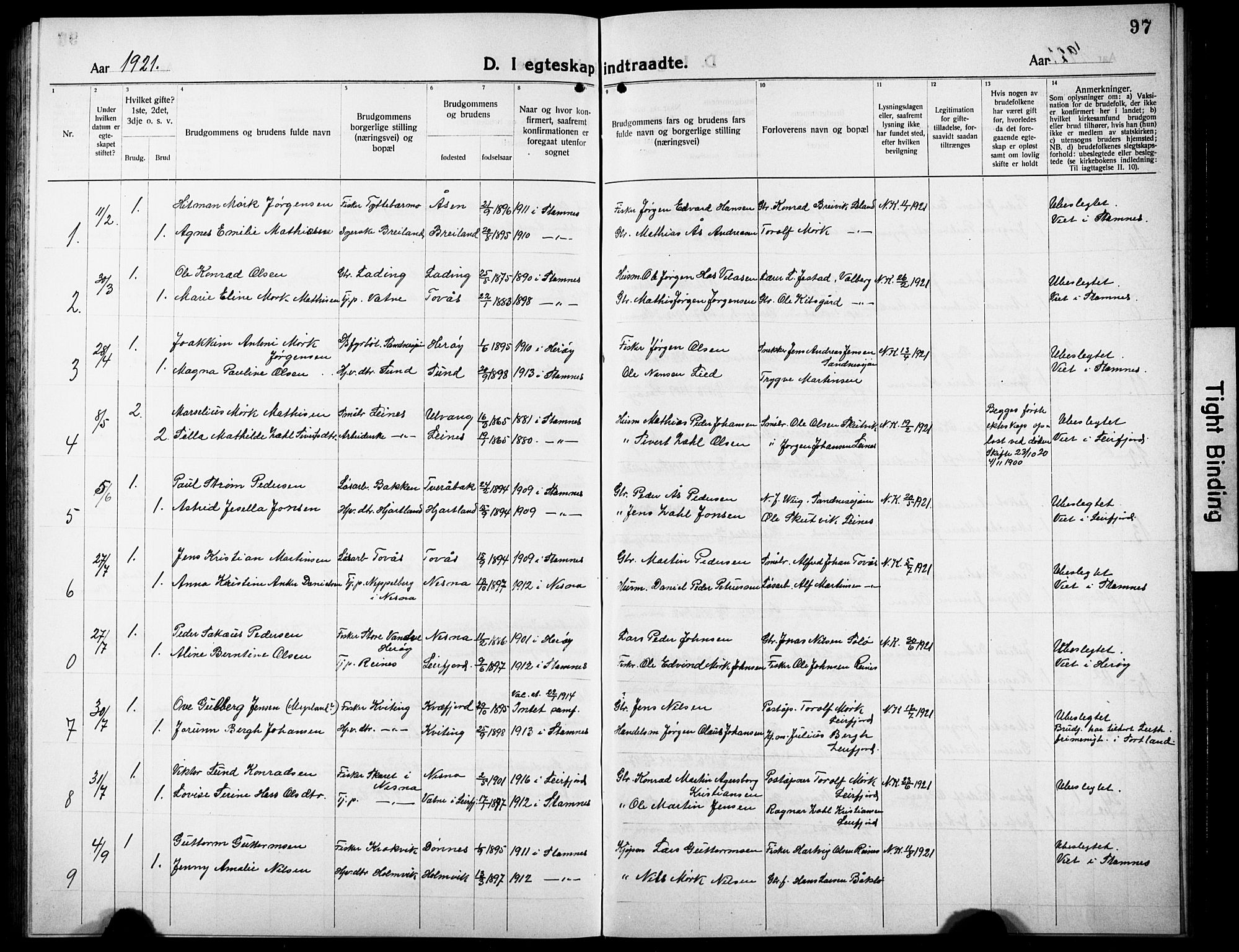 Ministerialprotokoller, klokkerbøker og fødselsregistre - Nordland, SAT/A-1459/832/L0495: Klokkerbok nr. 832C02, 1920-1932, s. 97