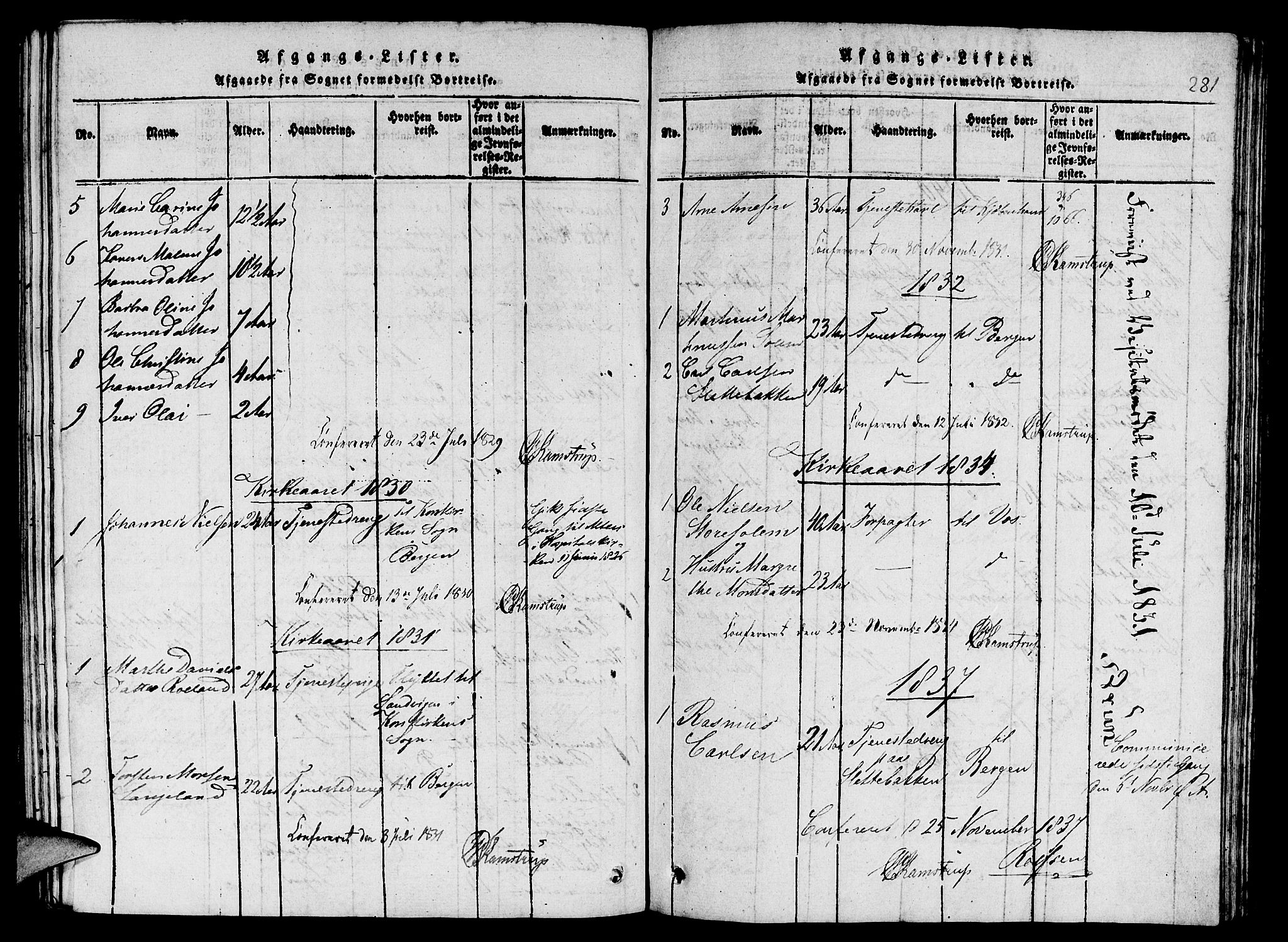 St. Jørgens hospital og Årstad sokneprestembete, AV/SAB-A-99934: Klokkerbok nr. A 1, 1816-1843, s. 281