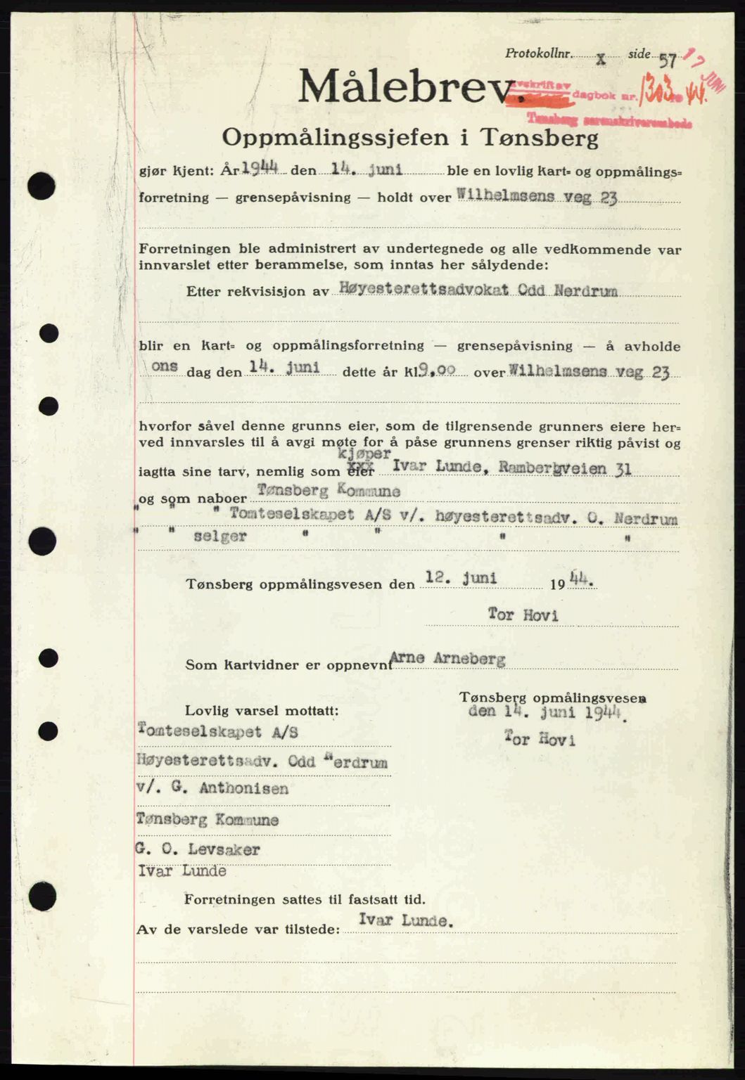 Tønsberg sorenskriveri, AV/SAKO-A-130/G/Ga/Gaa/L0015: Pantebok nr. A15, 1944-1944, Dagboknr: 1303/1944