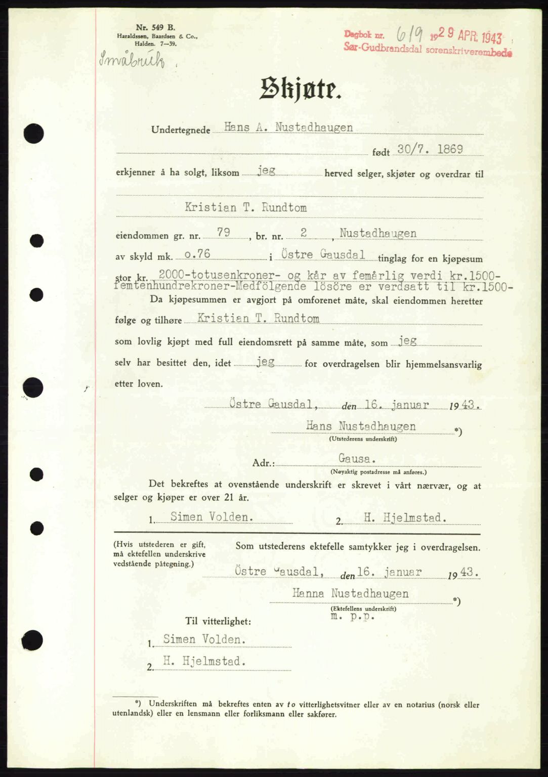 Sør-Gudbrandsdal tingrett, SAH/TING-004/H/Hb/Hbd/L0011: Pantebok nr. A11, 1942-1943, Dagboknr: 619/1943