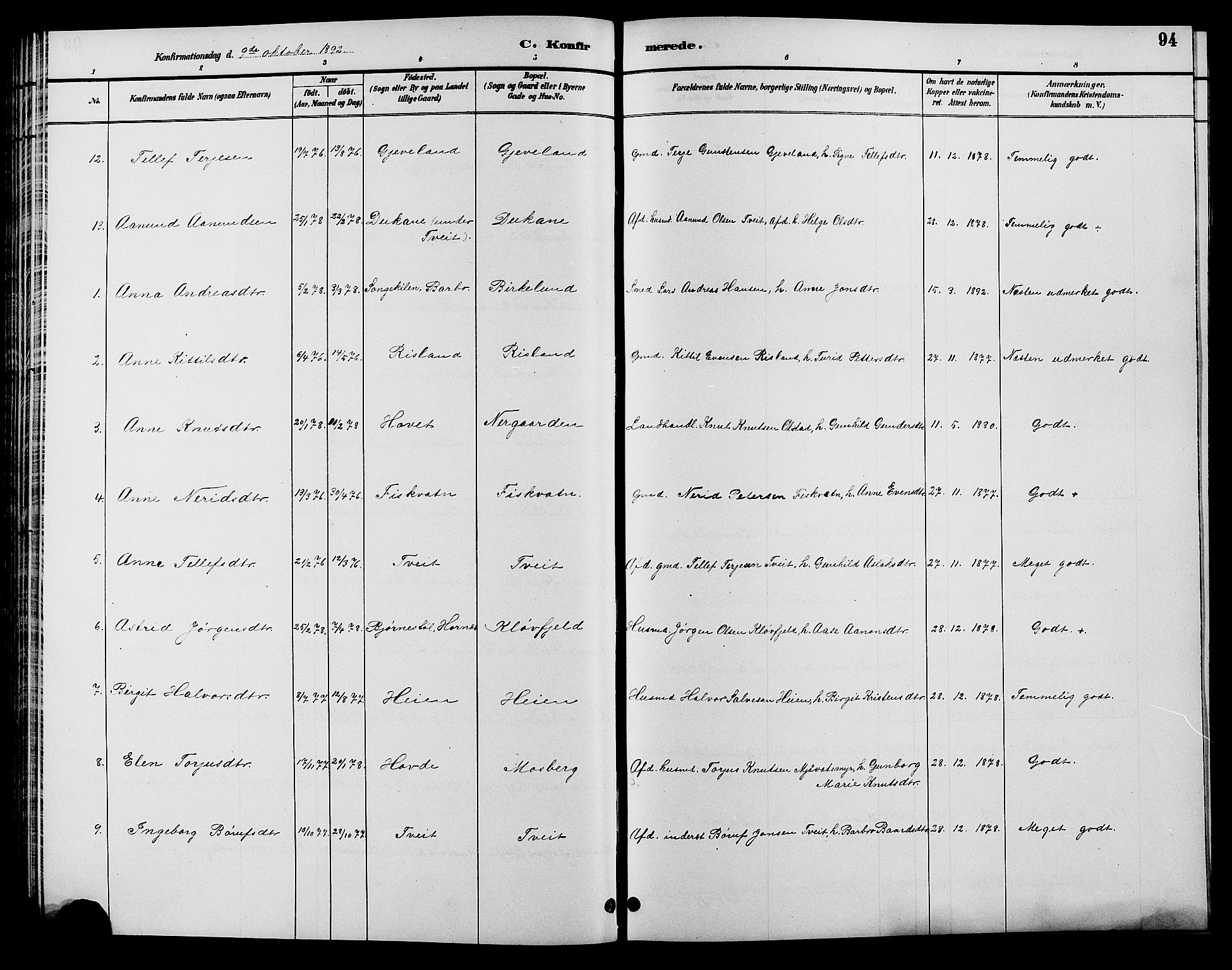 Åmli sokneprestkontor, SAK/1111-0050/F/Fb/Fbc/L0004: Klokkerbok nr. B 4, 1889-1902, s. 94