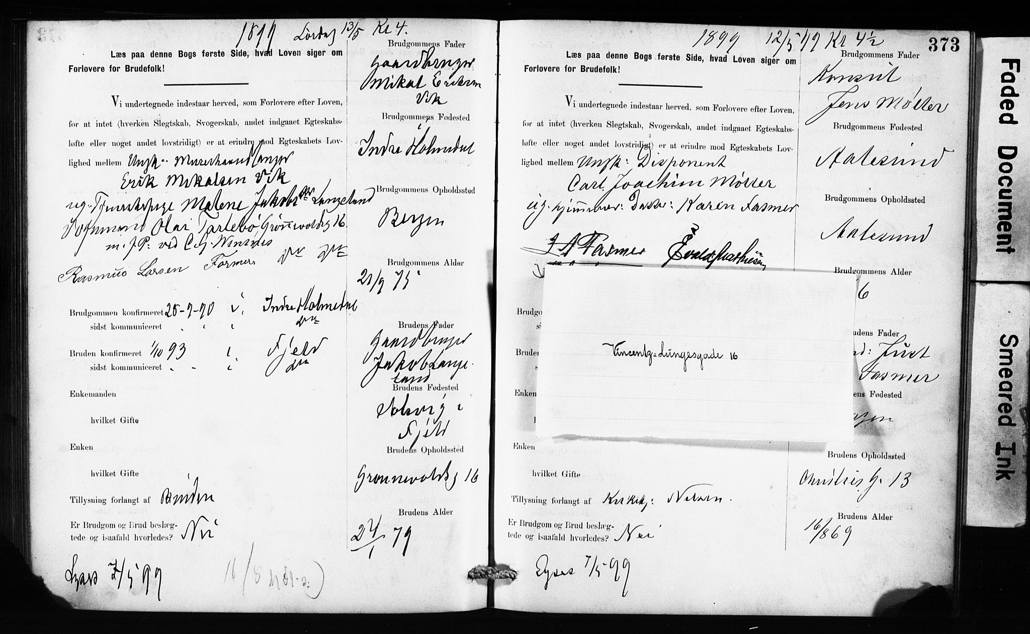 Domkirken sokneprestembete, SAB/A-74801: Forlovererklæringer nr. II.5.10, 1890-1899, s. 373