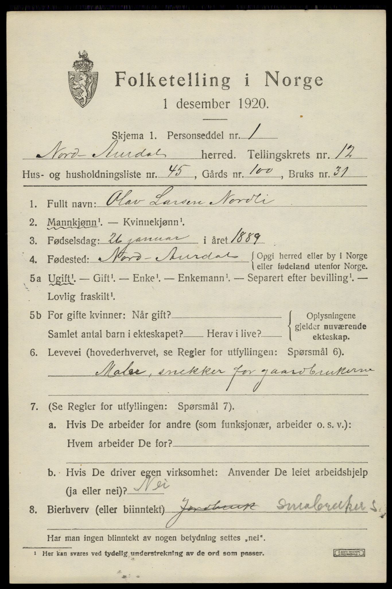 SAH, Folketelling 1920 for 0542 Nord-Aurdal herred, 1920, s. 10300