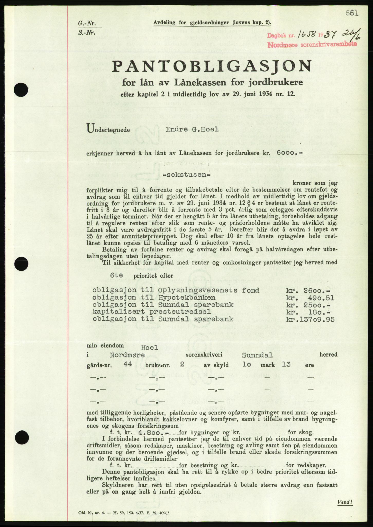 Nordmøre sorenskriveri, AV/SAT-A-4132/1/2/2Ca/L0091: Pantebok nr. B81, 1937-1937, Dagboknr: 1658/1937